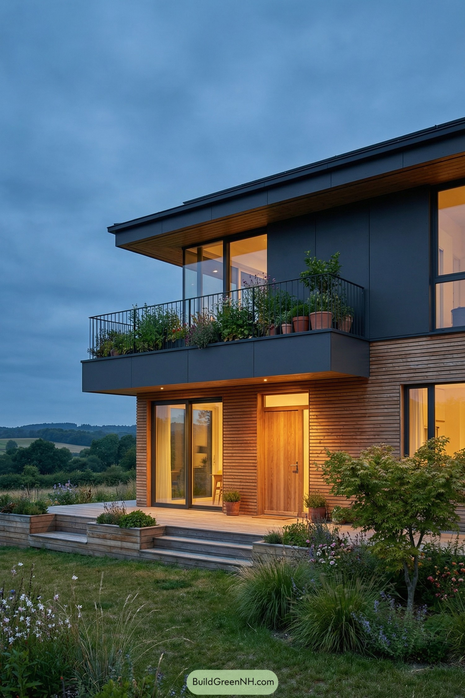 Modern two story cottage with wood cladding and a plant filled upper balcony at dusk