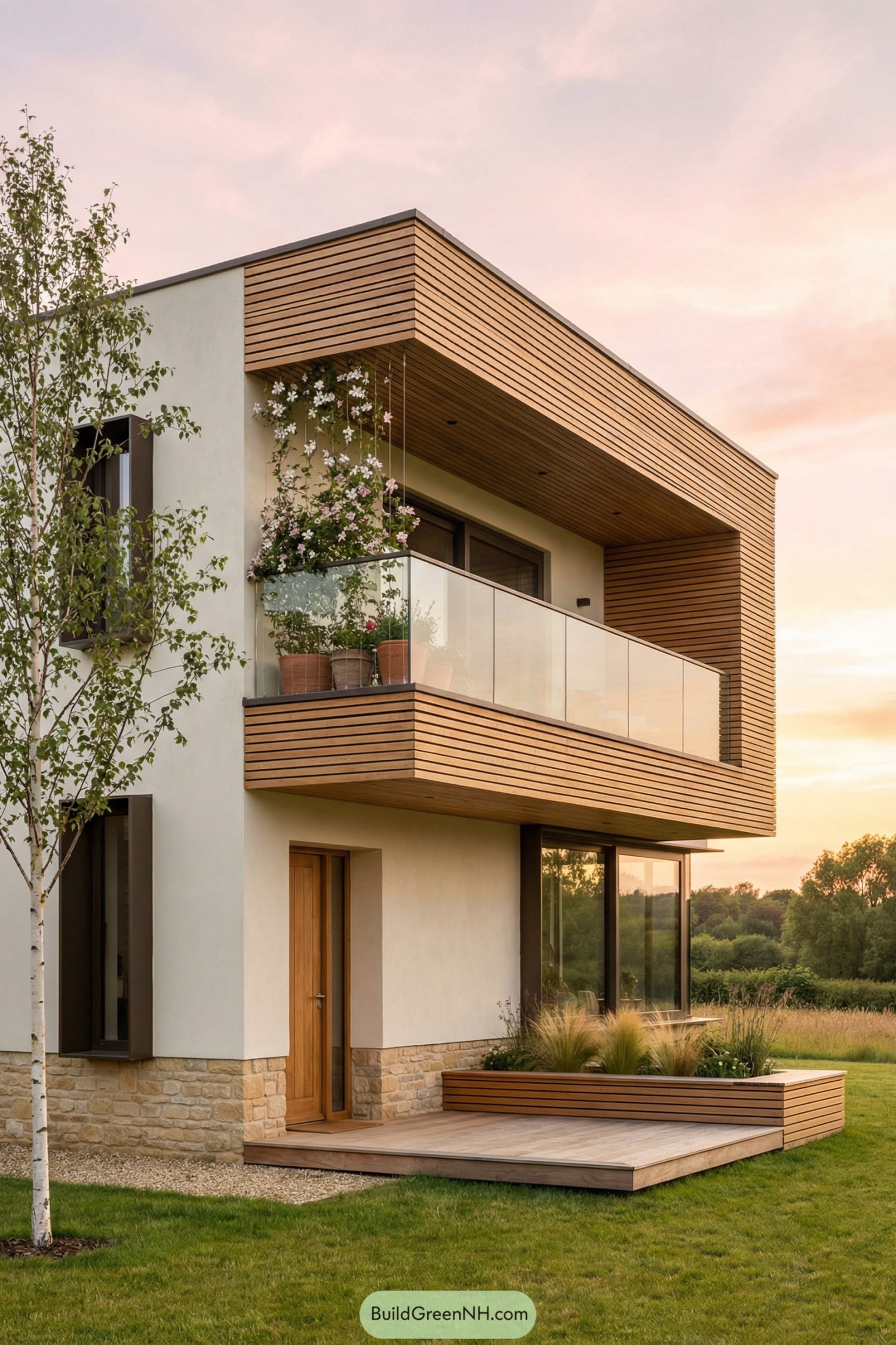 Modern two story cottage with wood clad balcony, glass railing, and potted plants overlooking a grassy yard at sunset