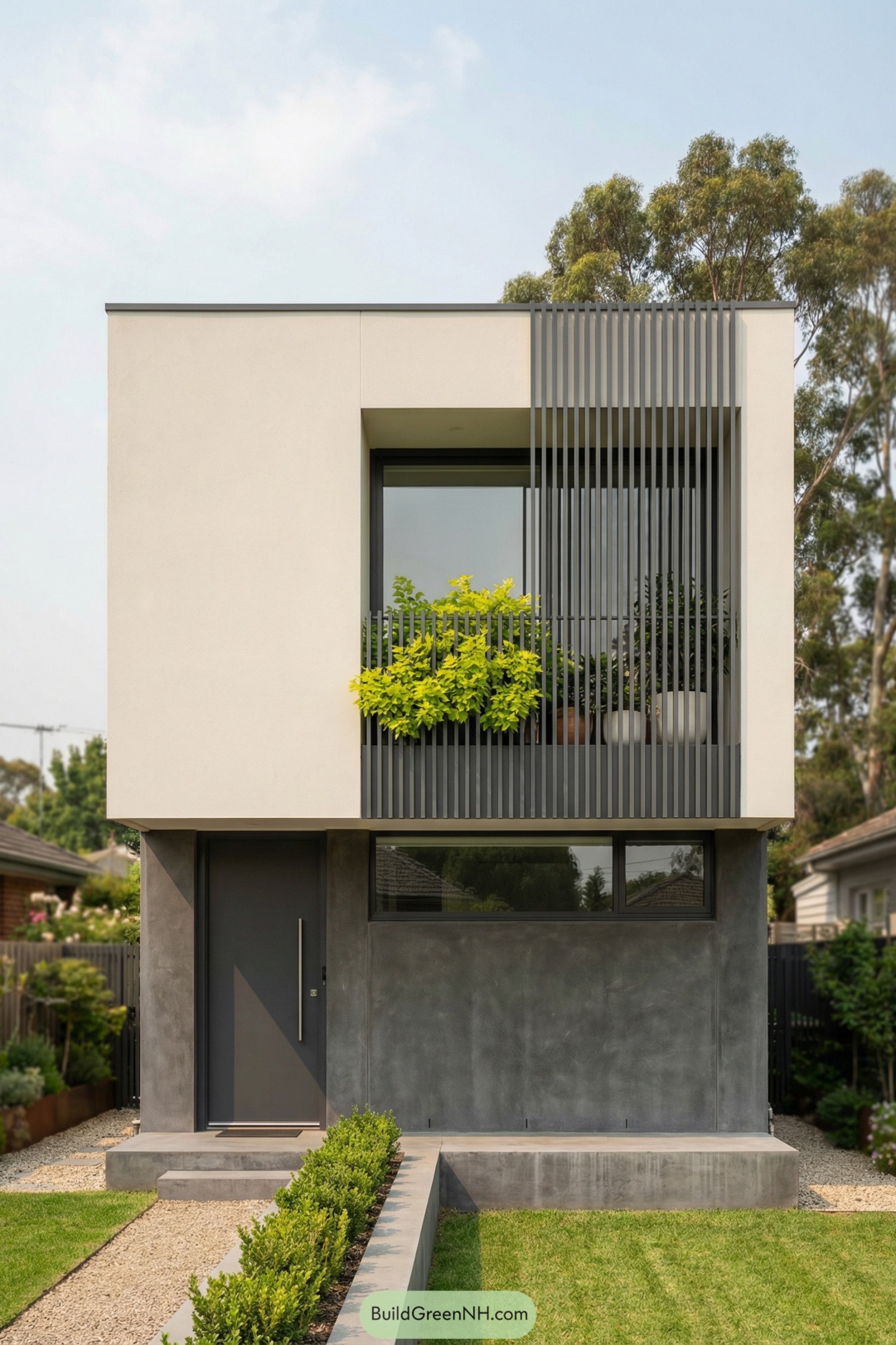 Small modern two story cottage with boxy balcony garden framed by vertical metal slats