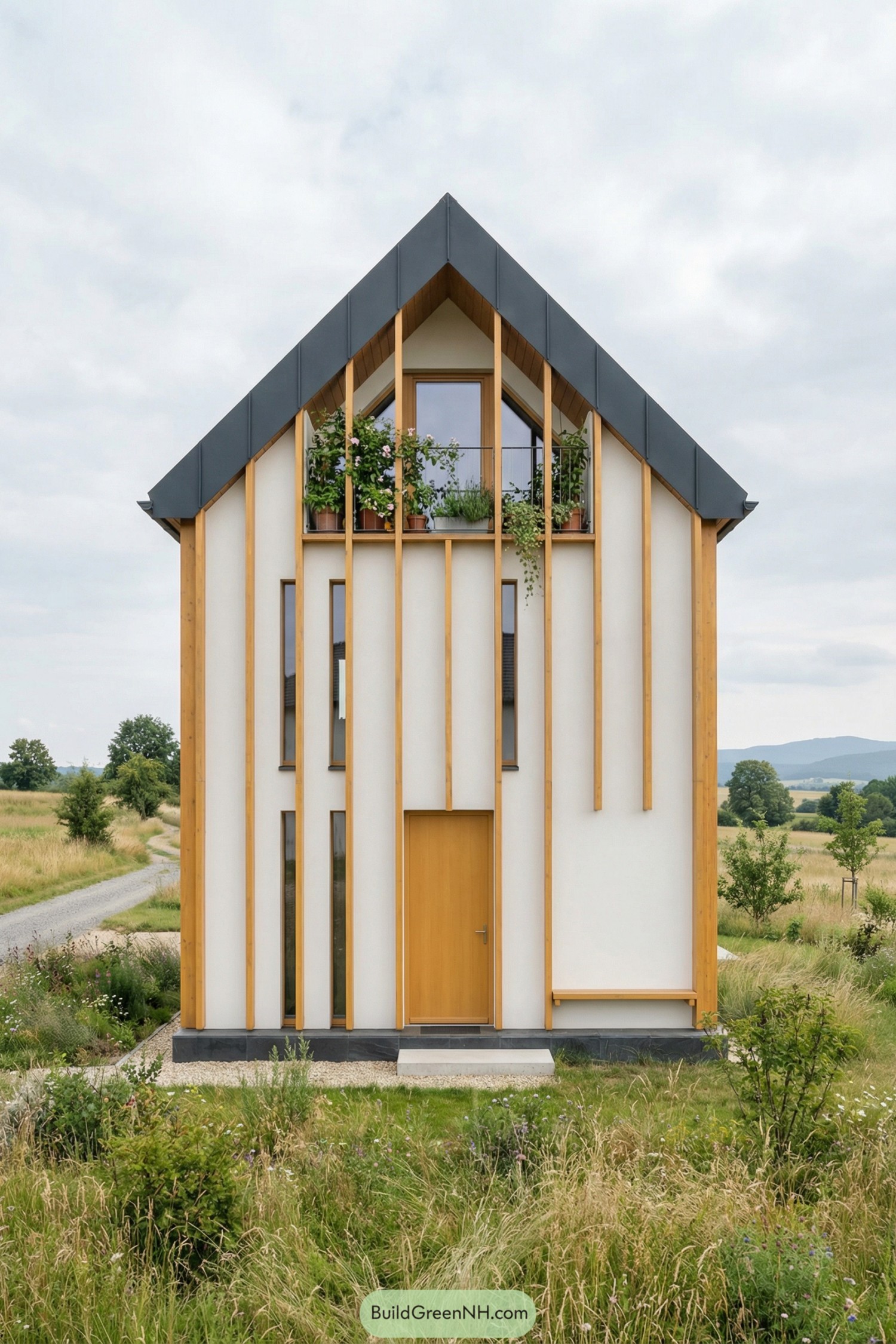 Narrow gabled cottage with vertical timber accents and a small planted balcony over the front door