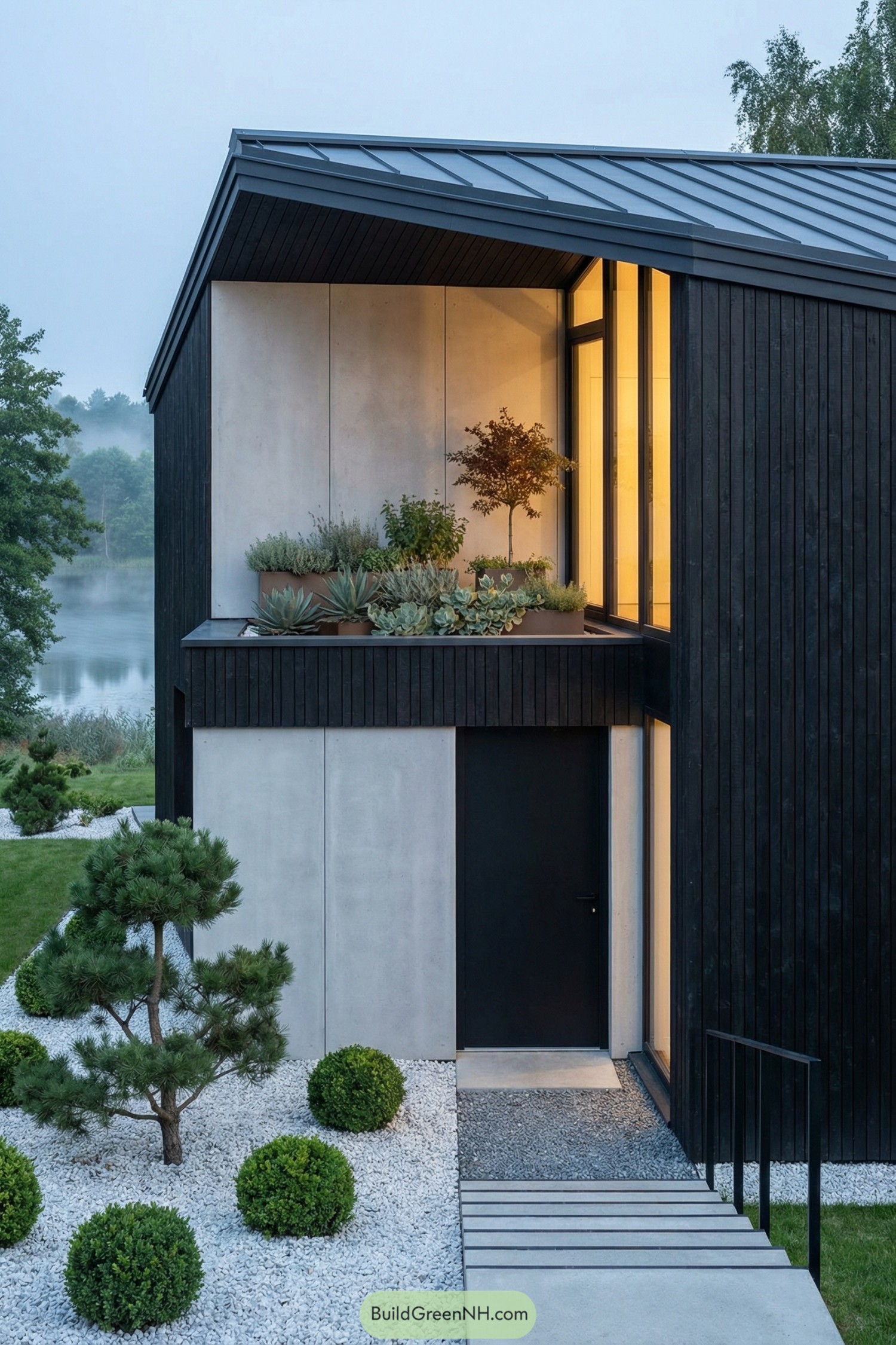 high-res photo of modern cottage house with small balcony garden, facade defined by a mix of vertical blackened timber cladding and smooth light-grey concrete panels, colors restrained to charcoal, pale grey, and muted olive from the balcony planting, compact L-shaped volume with a recessed upper corner where the small balcony projects over the entrance, materials combining charred wood, exposed concrete, and a fine-grain terrazzo base, roofing as a low-pitched shed roof sloping to the rear in dark zinc panels, windows arranged asymmetrically with one tall corner window wrapping around the balcony edge and narrow slot windows punched into the side wall, door in matte black steel with a flush finish aligning with the concrete plane, outdoor structures including a narrow gravel strip, integrated linear concrete steps, and a minimalist black metal handrail leading to the entrance, landscaping simple and graphic with a field of white gravel dotted with spherical boxwood and one sculptural pine, surrounding environment a quiet suburban edge with a distant lake shimmer visible between trees and a soft mist in the background, setting and scene captured at blue hour with warm interior light emphasizing the balcony garden's mix of succulents, herbs, and a small ornamental tree in rectangular planters, single real-life photo, high-resolution, architectural photography, soft lighting, cinematic composition, strictly no collages.