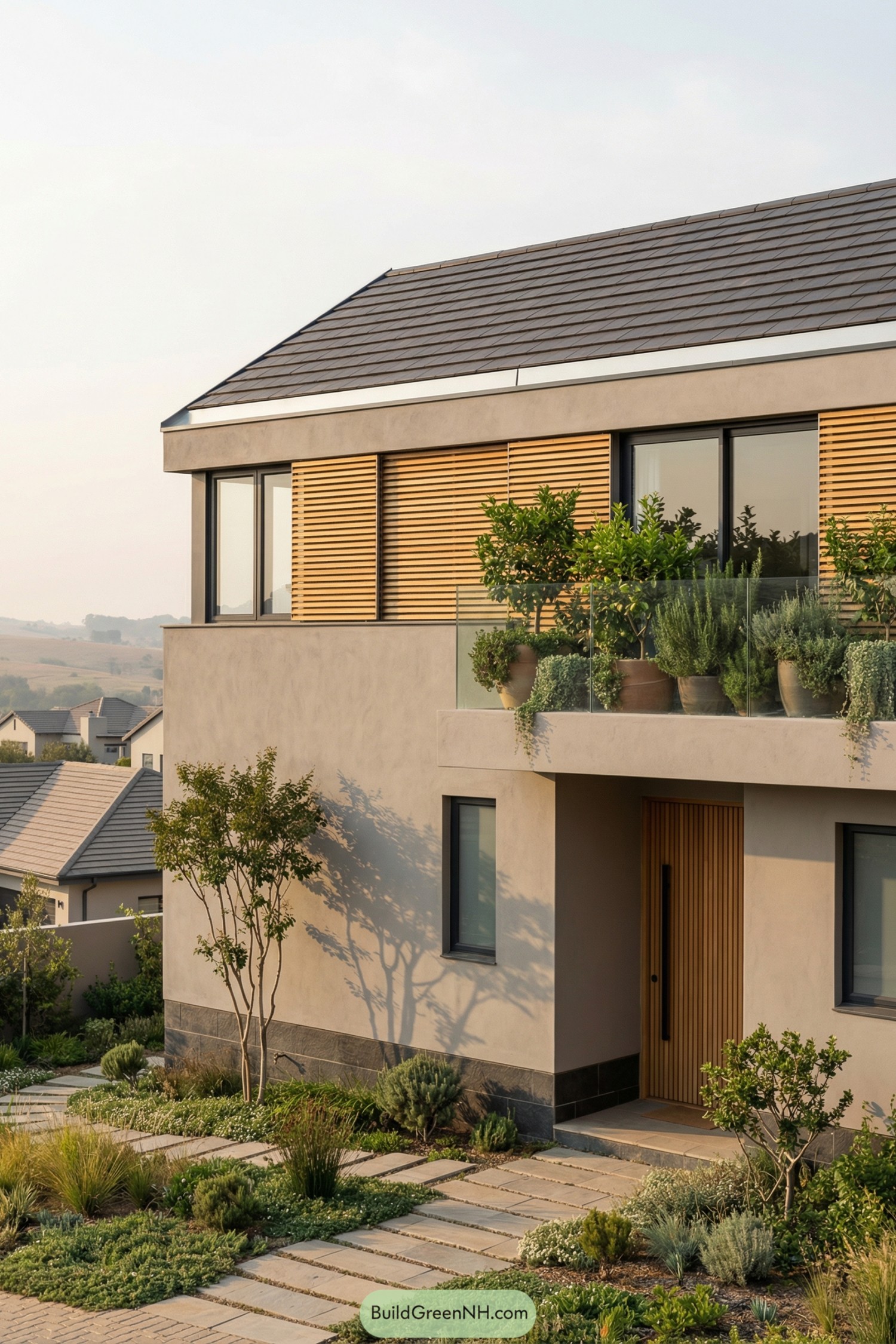 Modern cottage with glass balcony garden and wooden accents