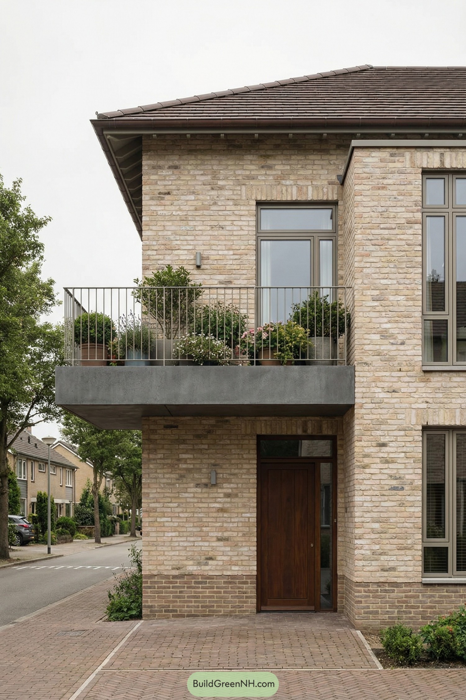 Compact corner cottage with brick facade and planted balcony above entry