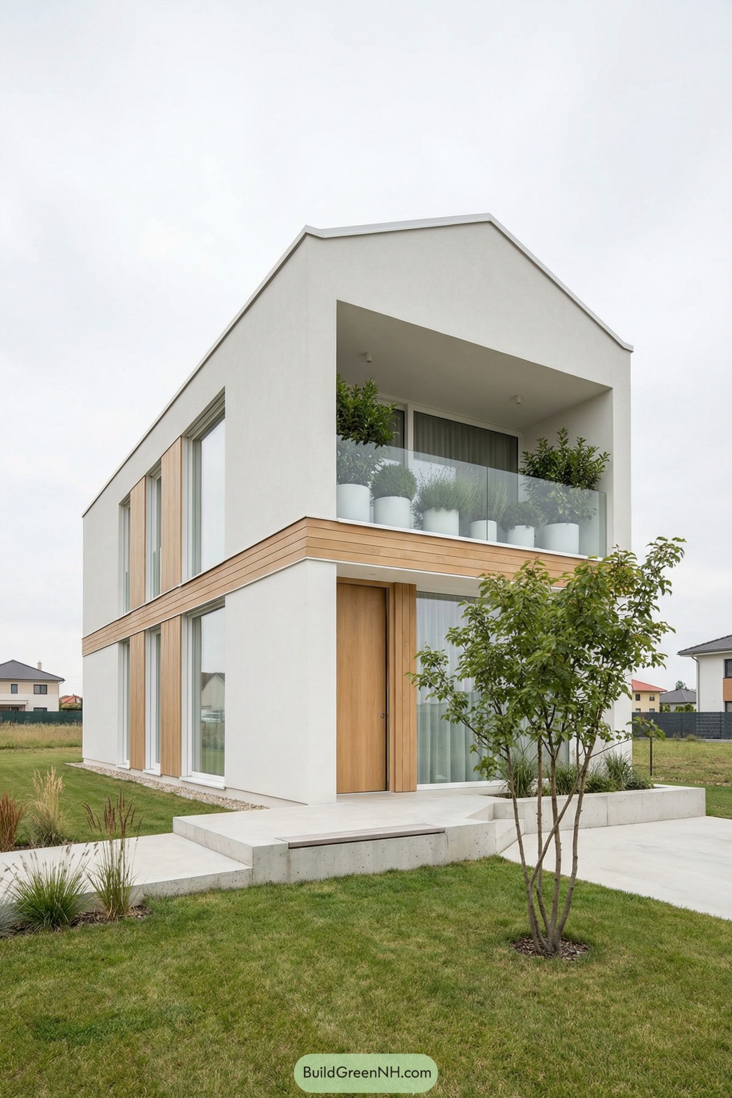 Modern white cottage with upper balcony garden and wood accents