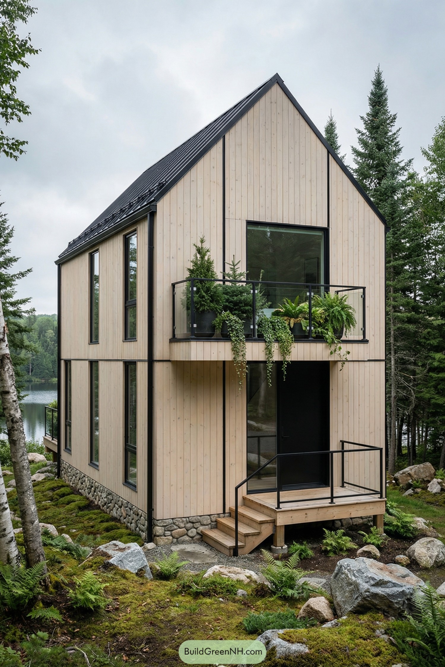 Tall wooden cottage with small balcony garden