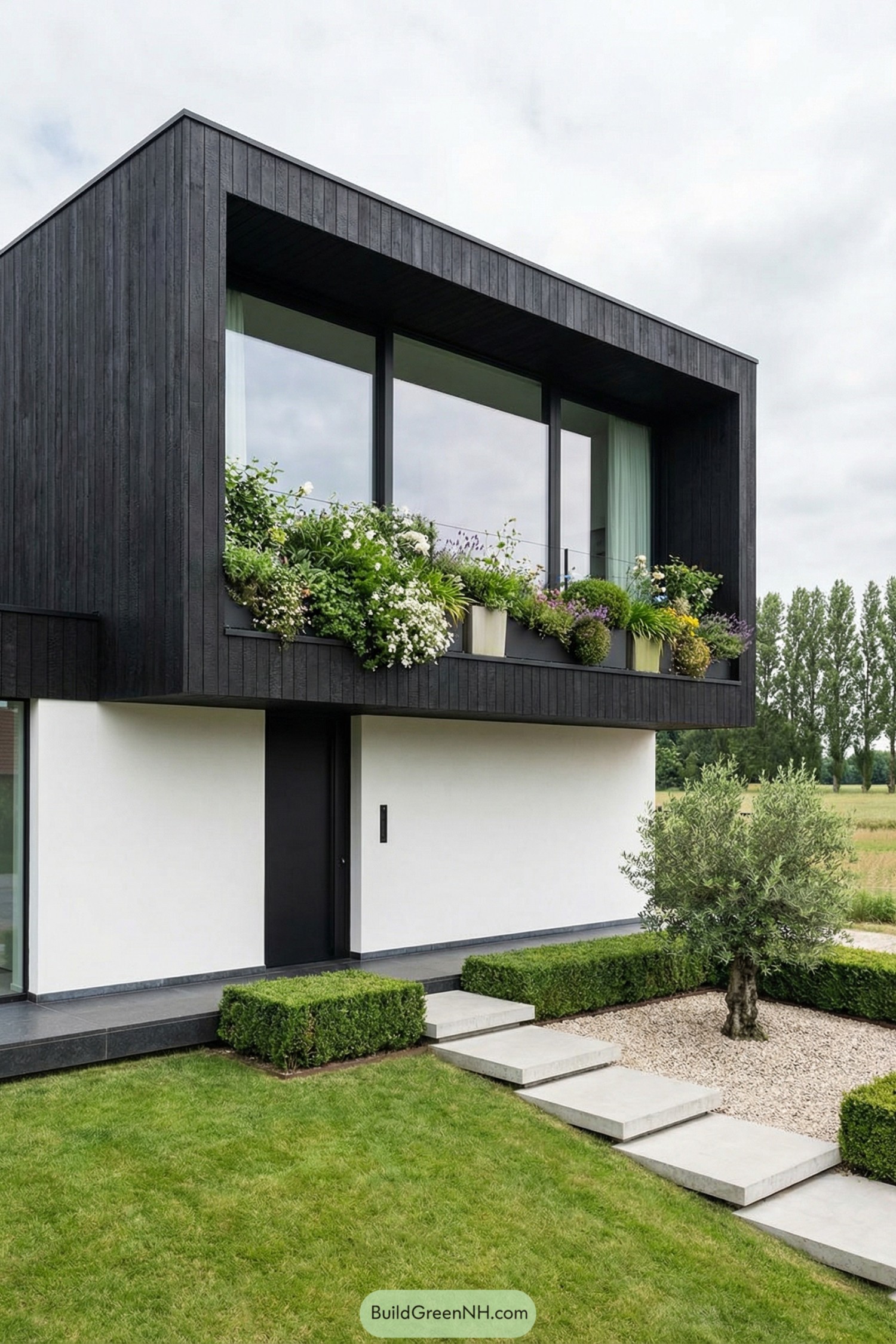 Modern black and white cottage with lush balcony planters