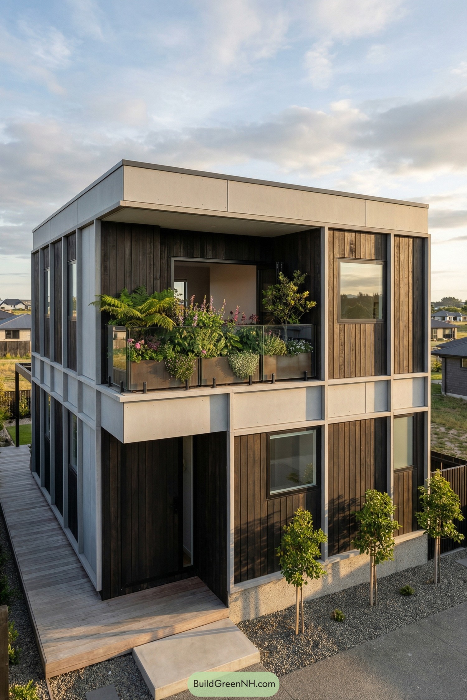 Modern two story boxy cottage with dark wood cladding and a lush balcony garden