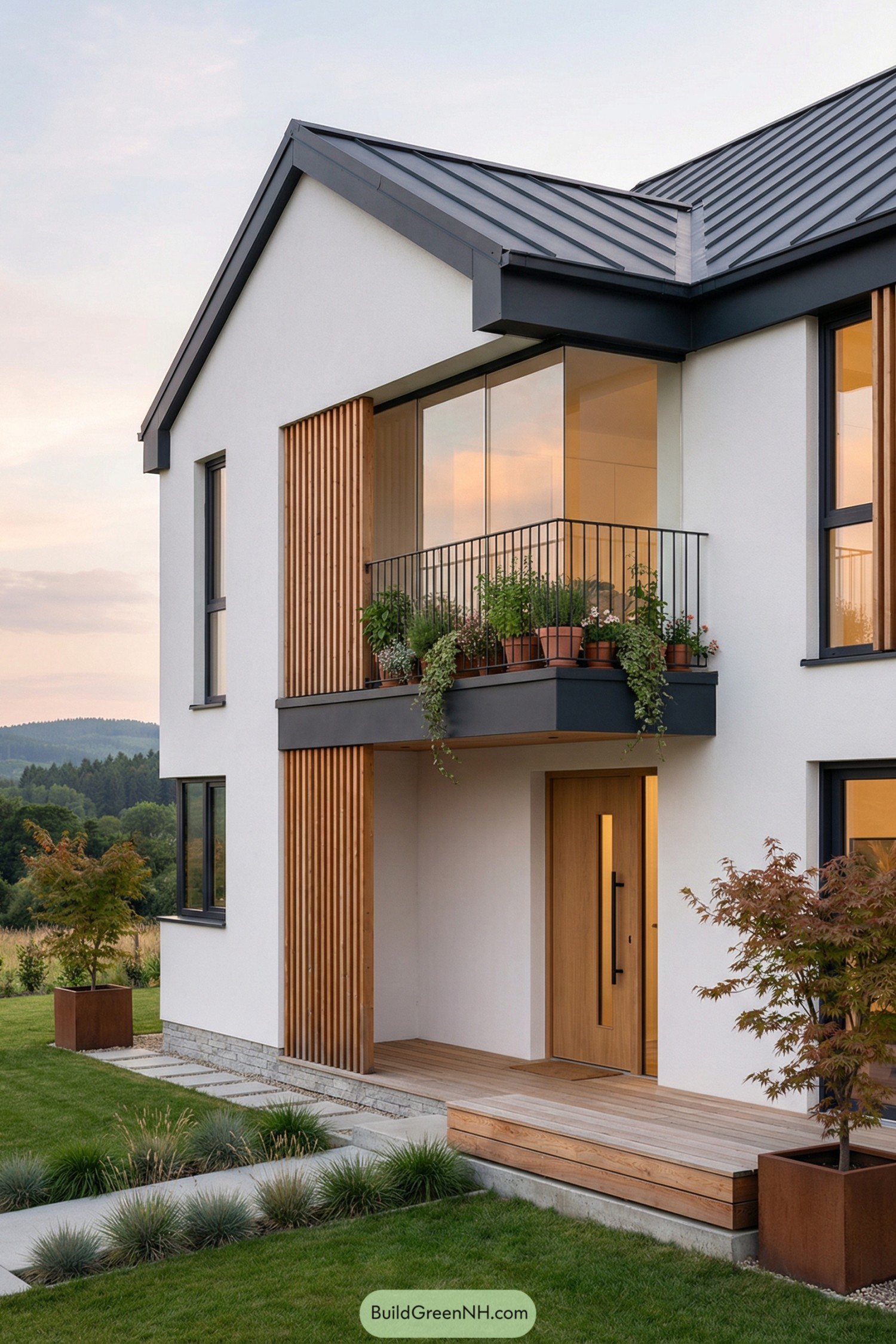 Modern white cottage with small balcony garden