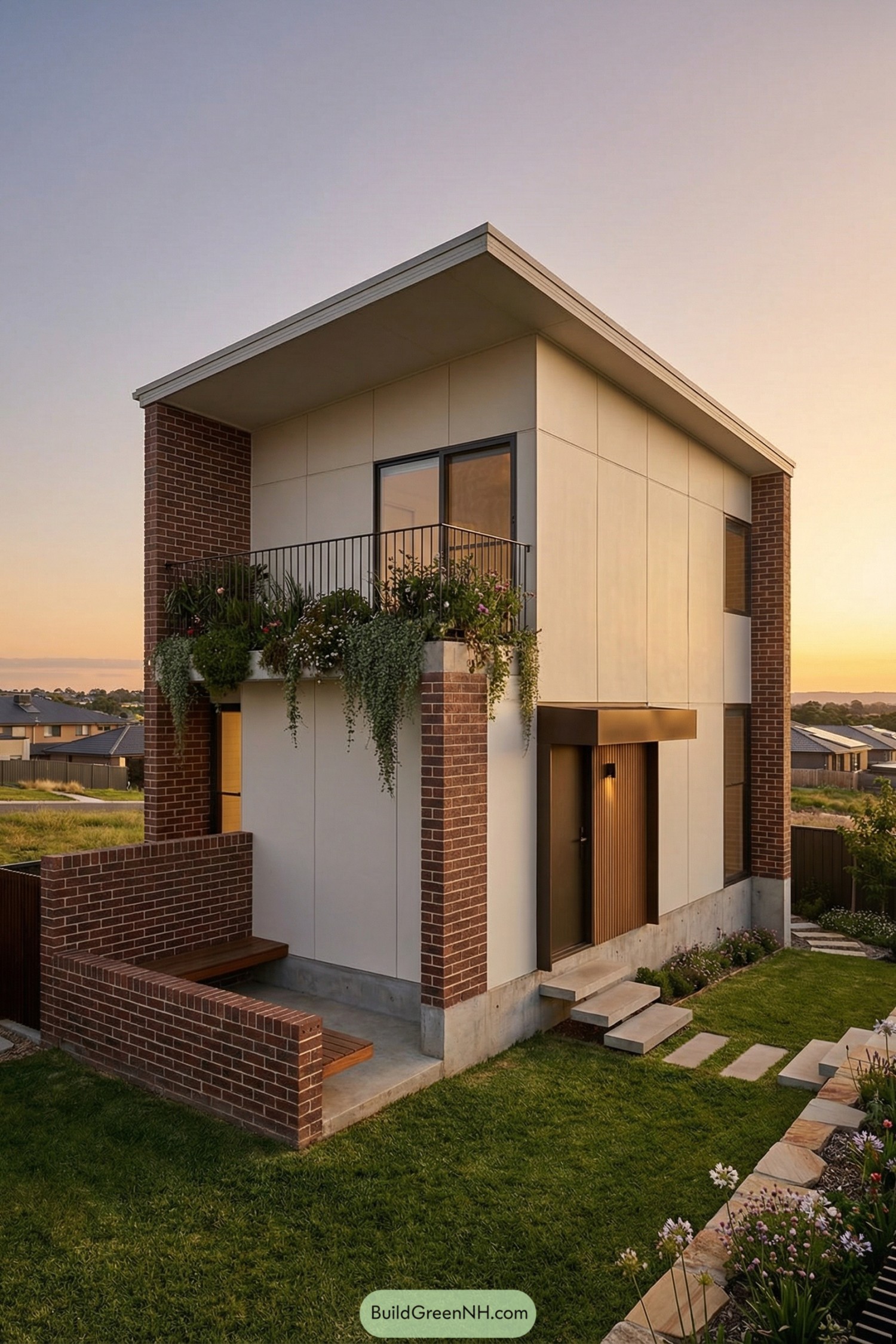 Modern two story cottage with brick and cream facade featuring a small balcony overflowing with greenery at sunset