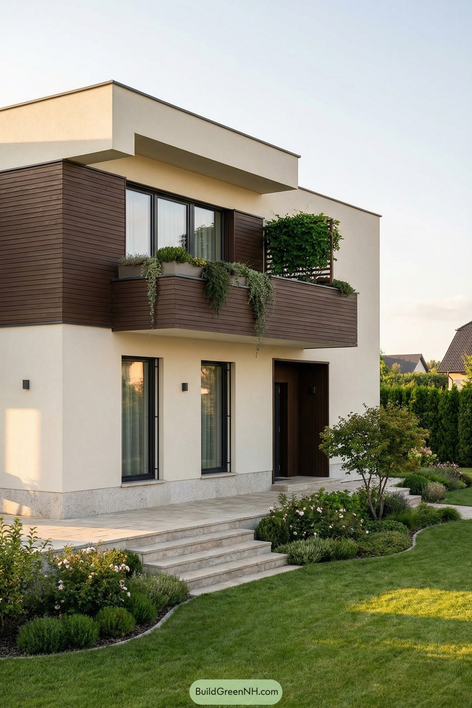Modern two story cottage with wood clad balcony planters and lush front lawn