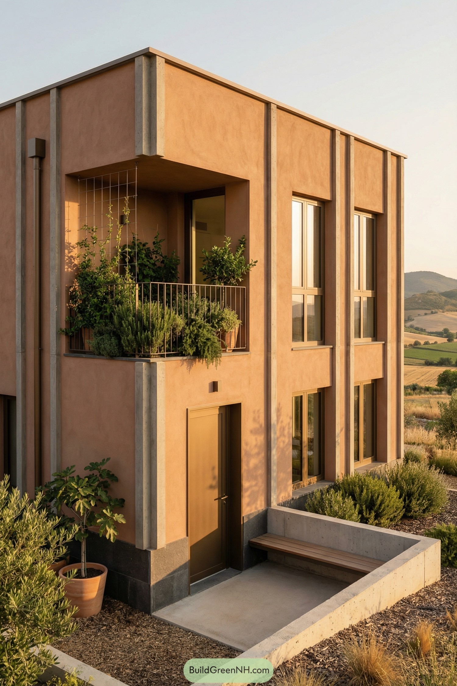 Modern cube cottage with small lush balcony garden and warm earthy facade