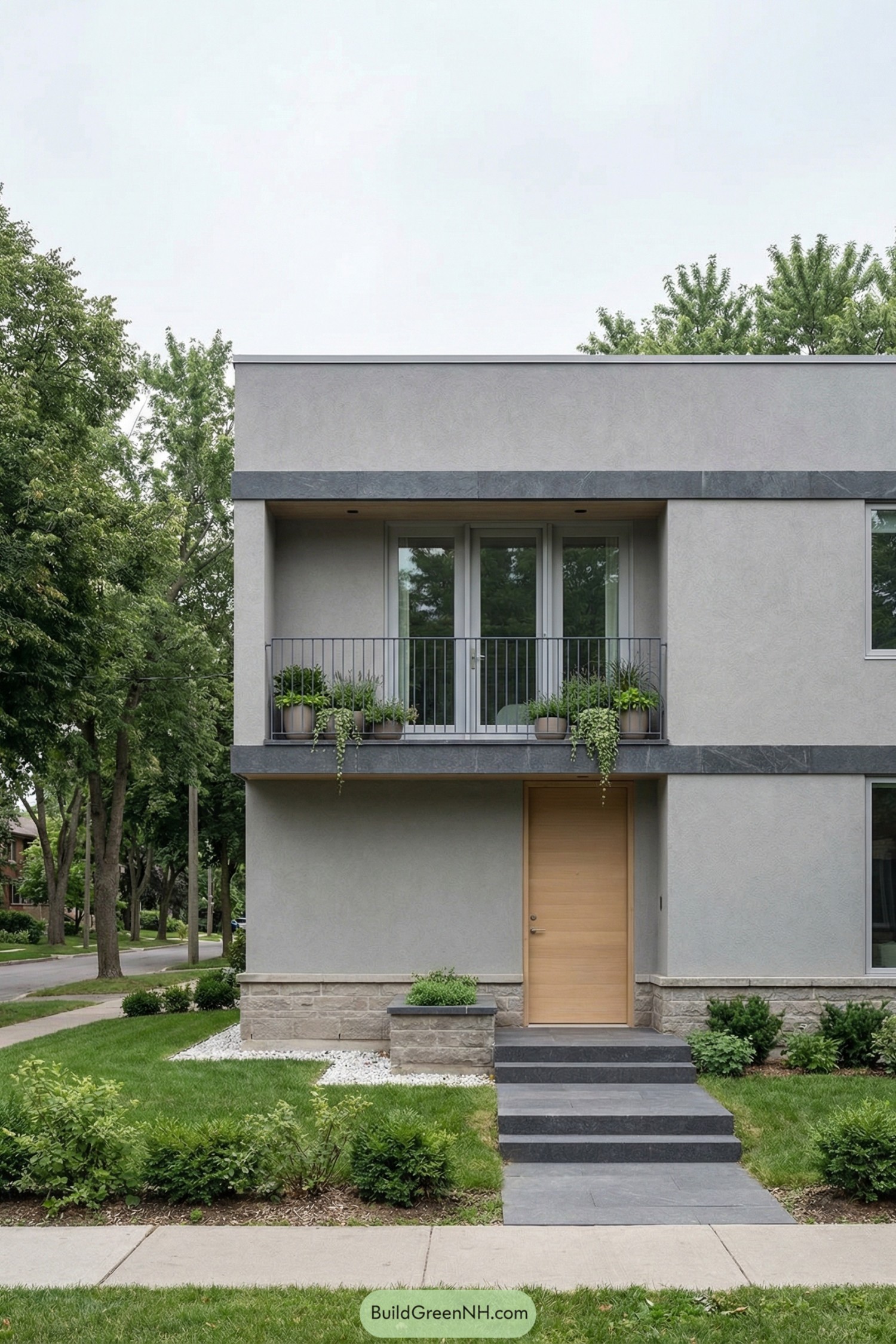 Modern two story cottage with small balcony garden over a minimalist entry