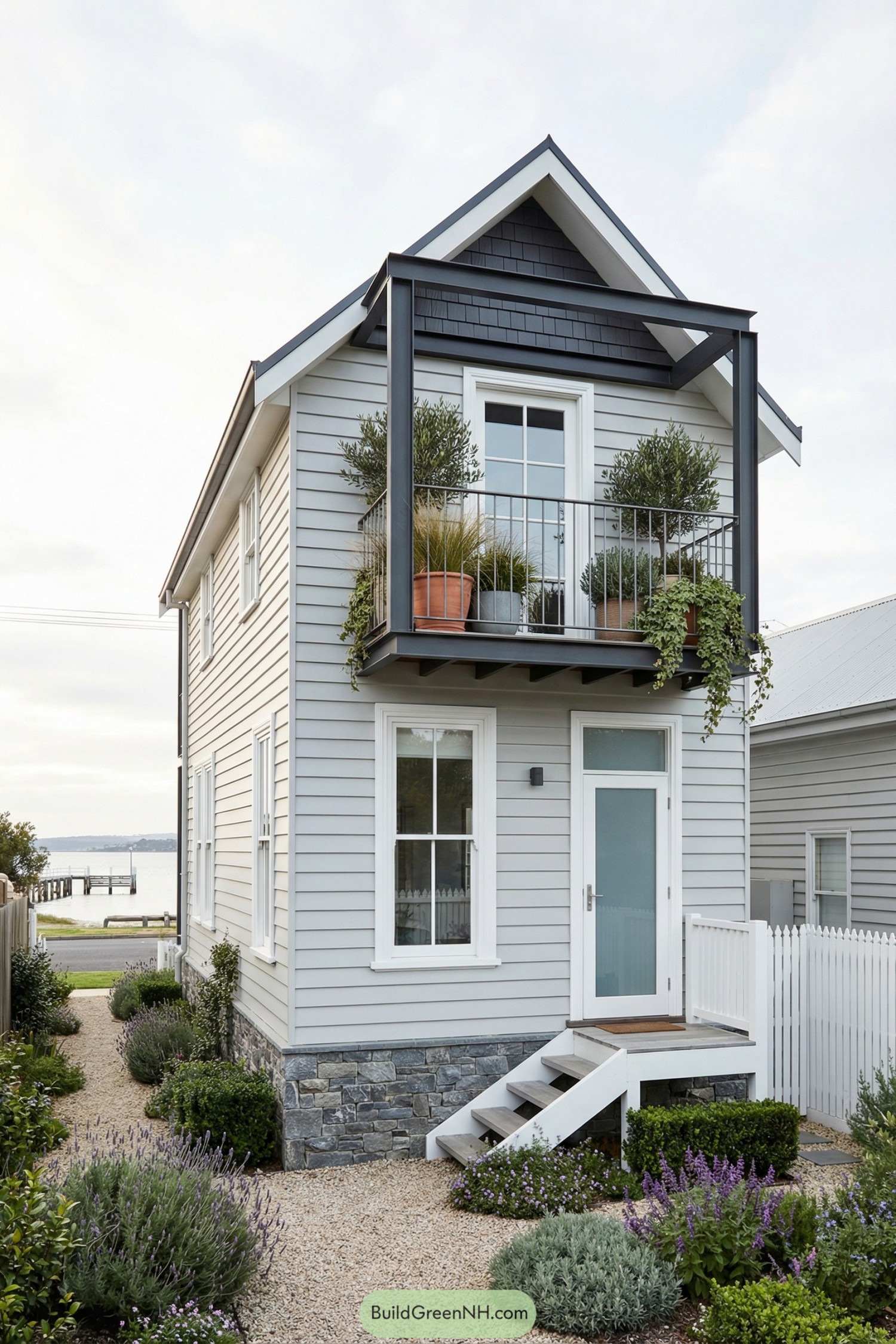 Narrow pale gray cottage with upper balcony filled with potted greenery above a small front entry
