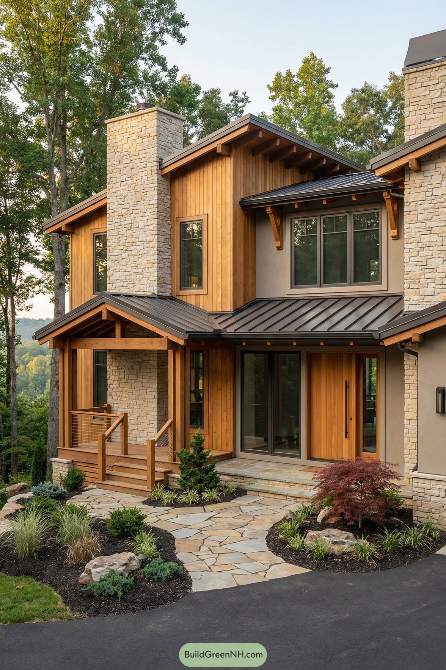 Modern craftsman cottage with warm wood siding stone accents and metal roofing surrounded by simple landscaping