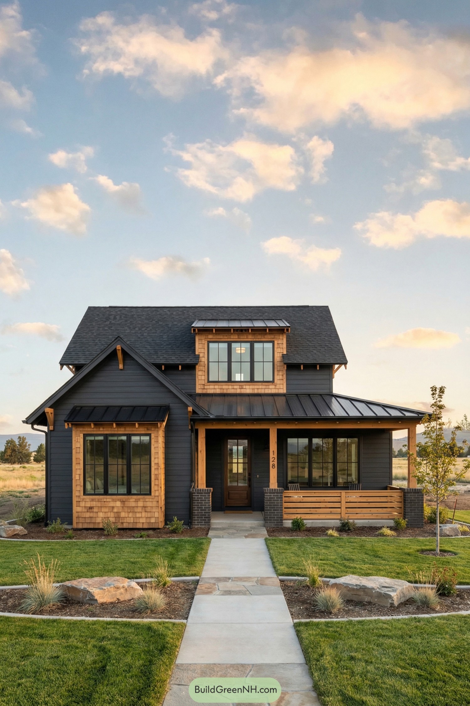 Dark craftsman cottage with warm wood accents and a welcoming front porch