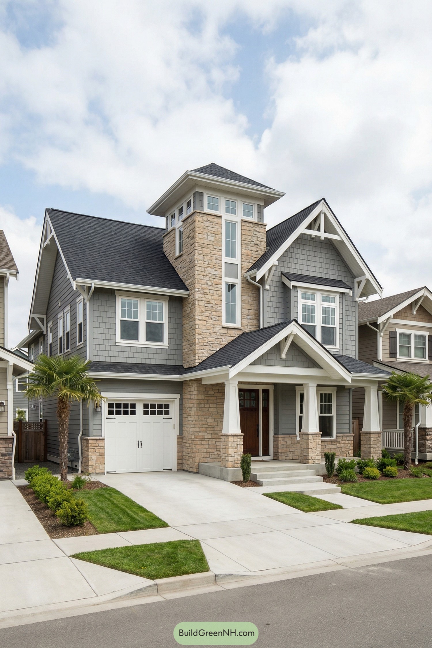 Gray craftsman cottage with stone tower and columned front porch