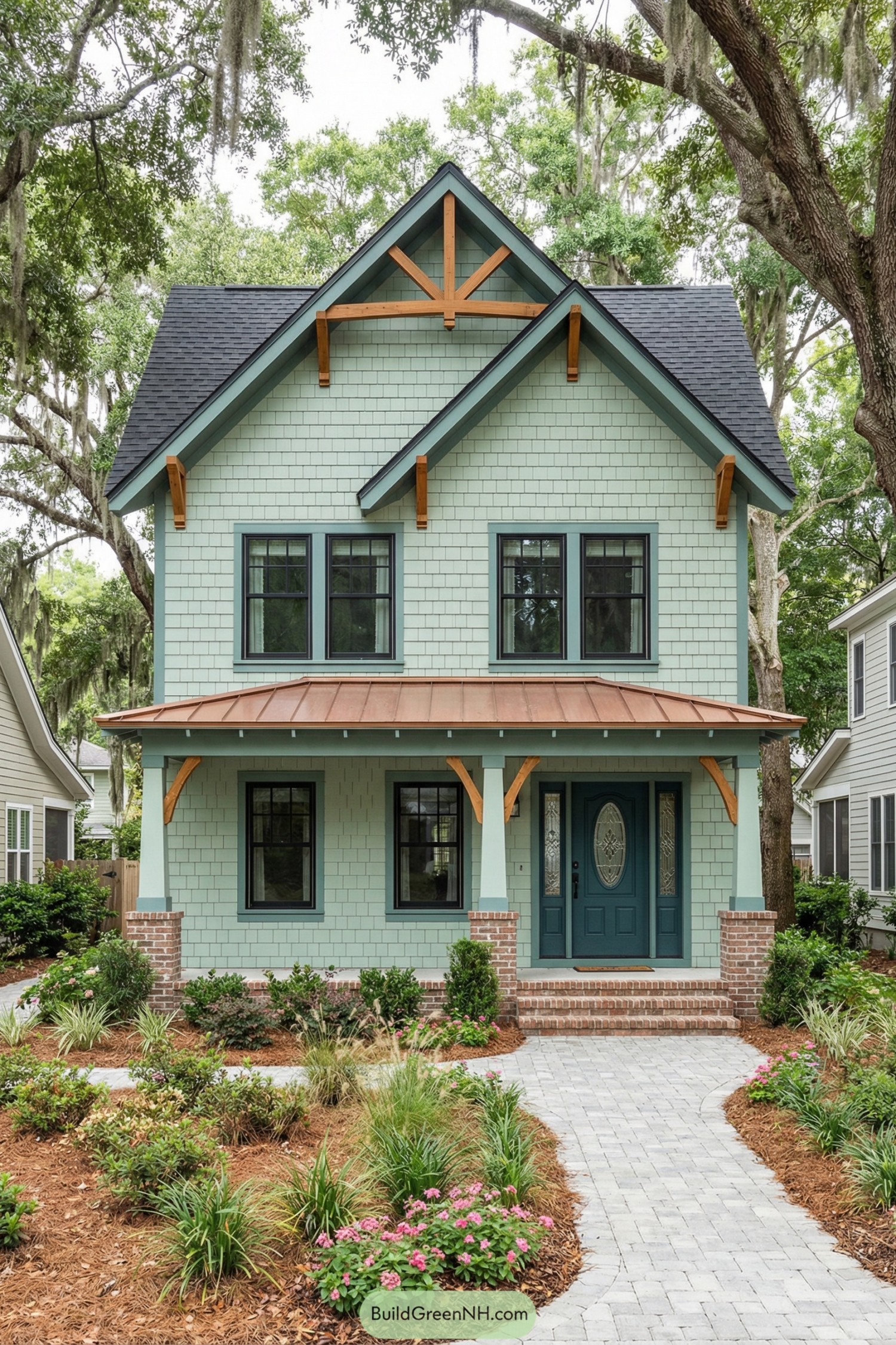Two story mint green craftsman cottage with front porch and gabled roof
