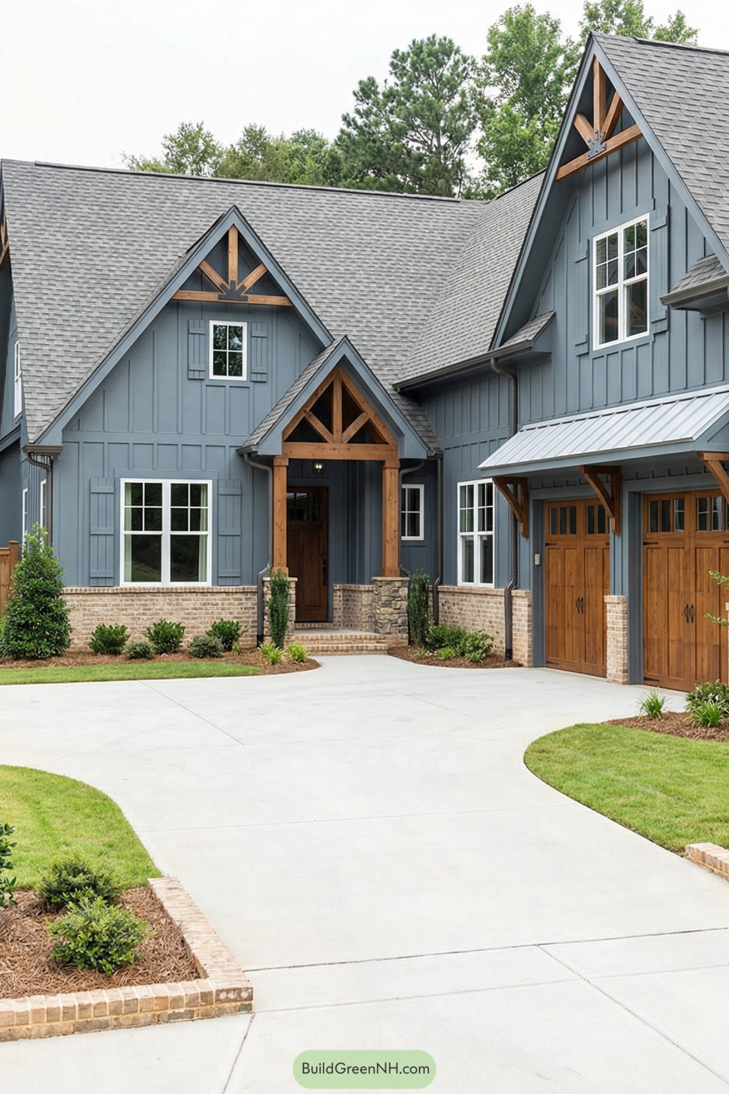 Blue gray craftsman cottage with timber accents and triple garage