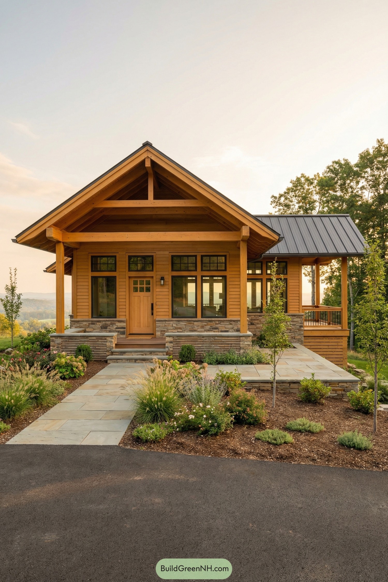 Single story craftsman cottage with wood and stone exterior and lush front landscaping
