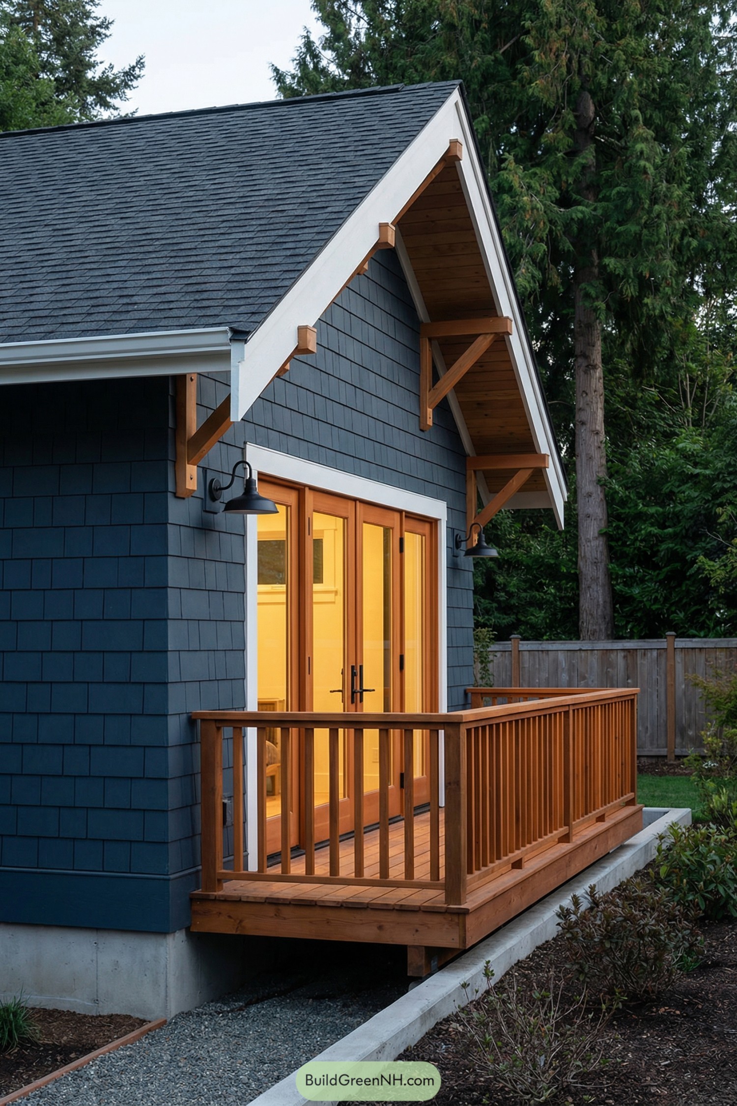 Compact blue craftsman cottage with warm wood porch and large glass doors at dusk