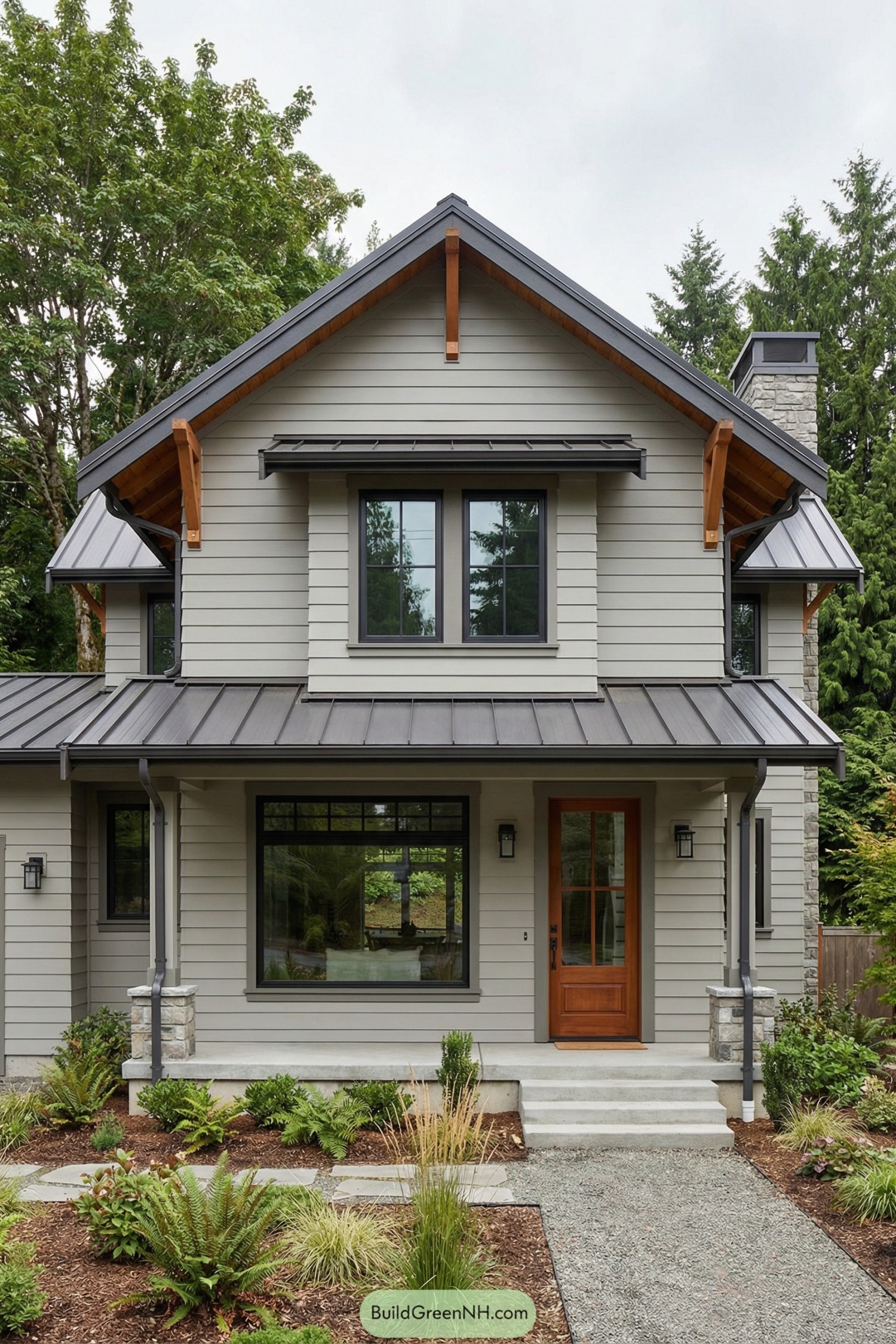 Compact gray craftsman cottage with metal roof, wood accents, and simple front garden