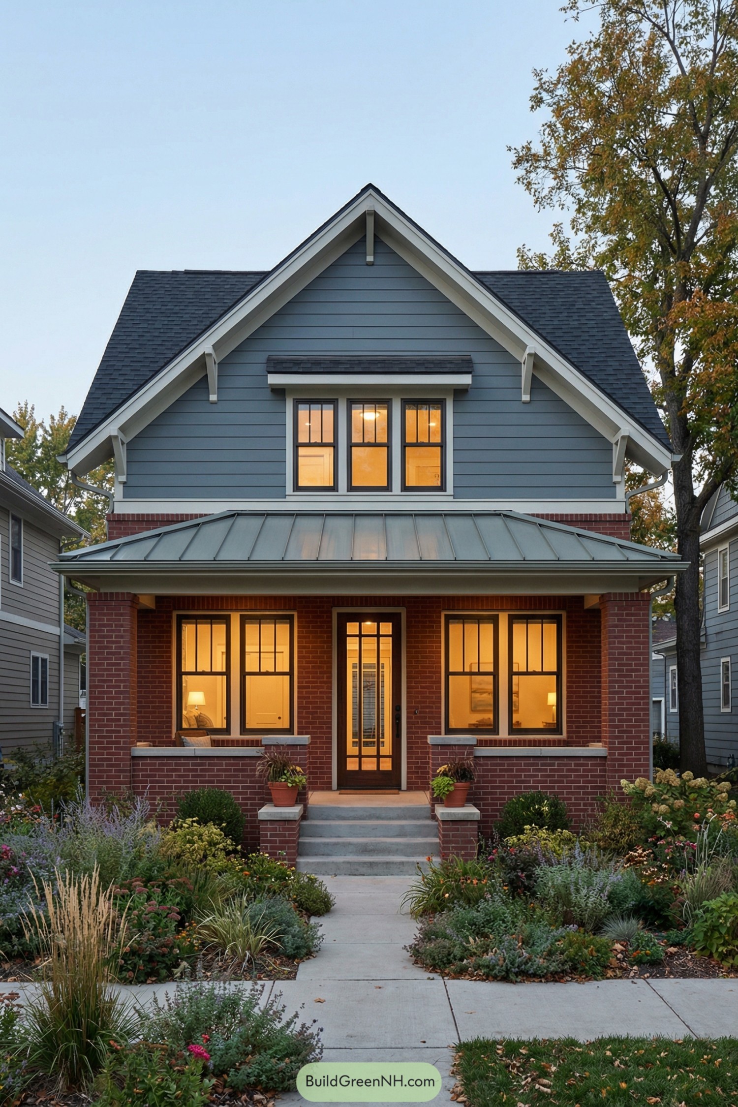 Two story craftsman cottage with brick porch and gray siding