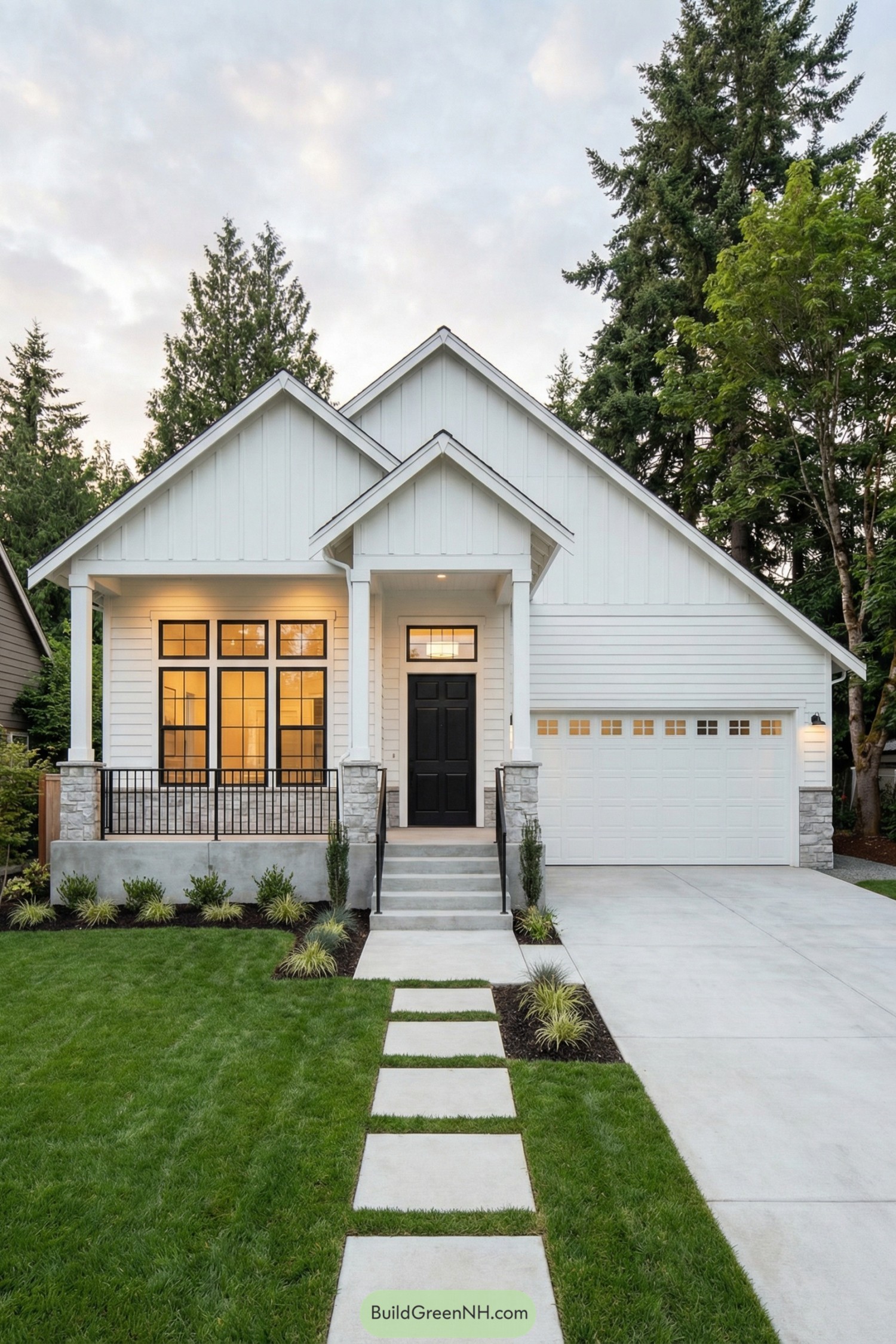 White craftsman cottage with gabled roof and front porch at dusk