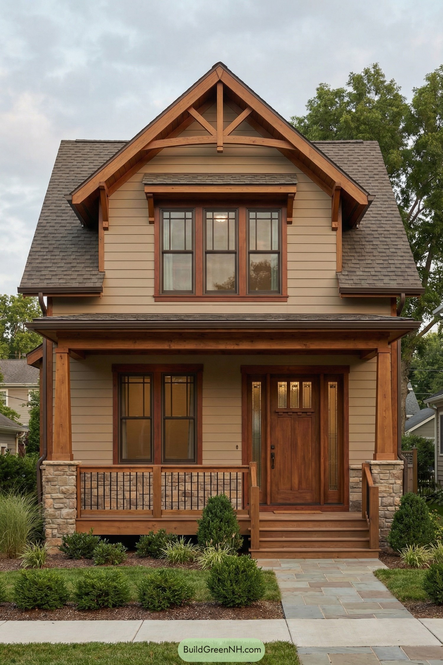 Two story craftsman cottage with warm wood trim stone porch columns and a small covered front porch. Symmetrical front with central wood door three upper windows and gabled roof with exposed beams