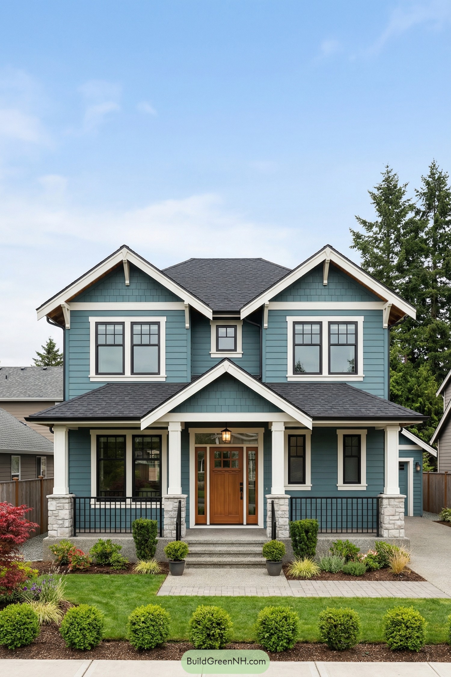 Two story blue craftsman cottage with twin front gables, covered porch, and neatly landscaped yard