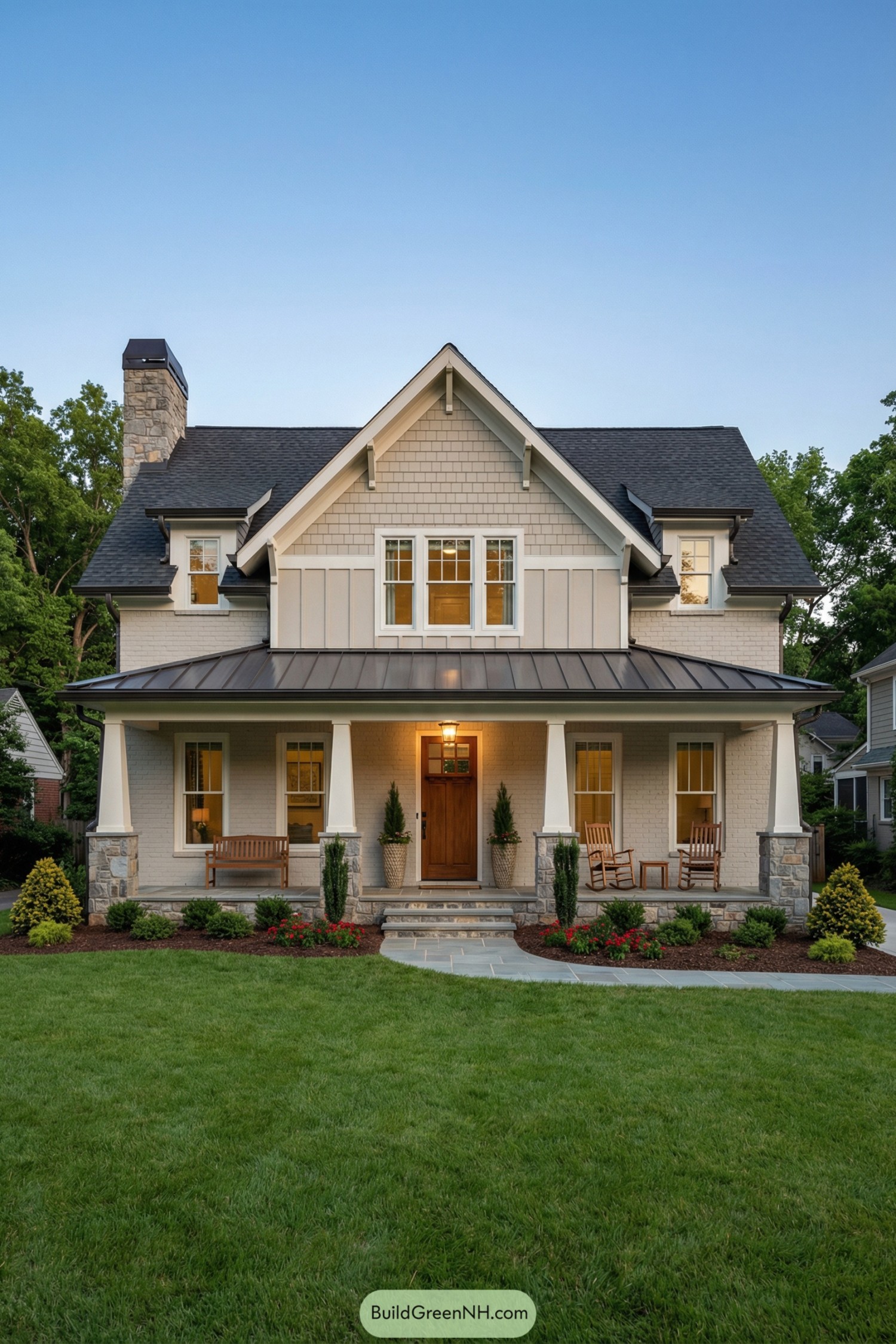 Two story craftsman cottage with wide front porch stone accents and gabled roof