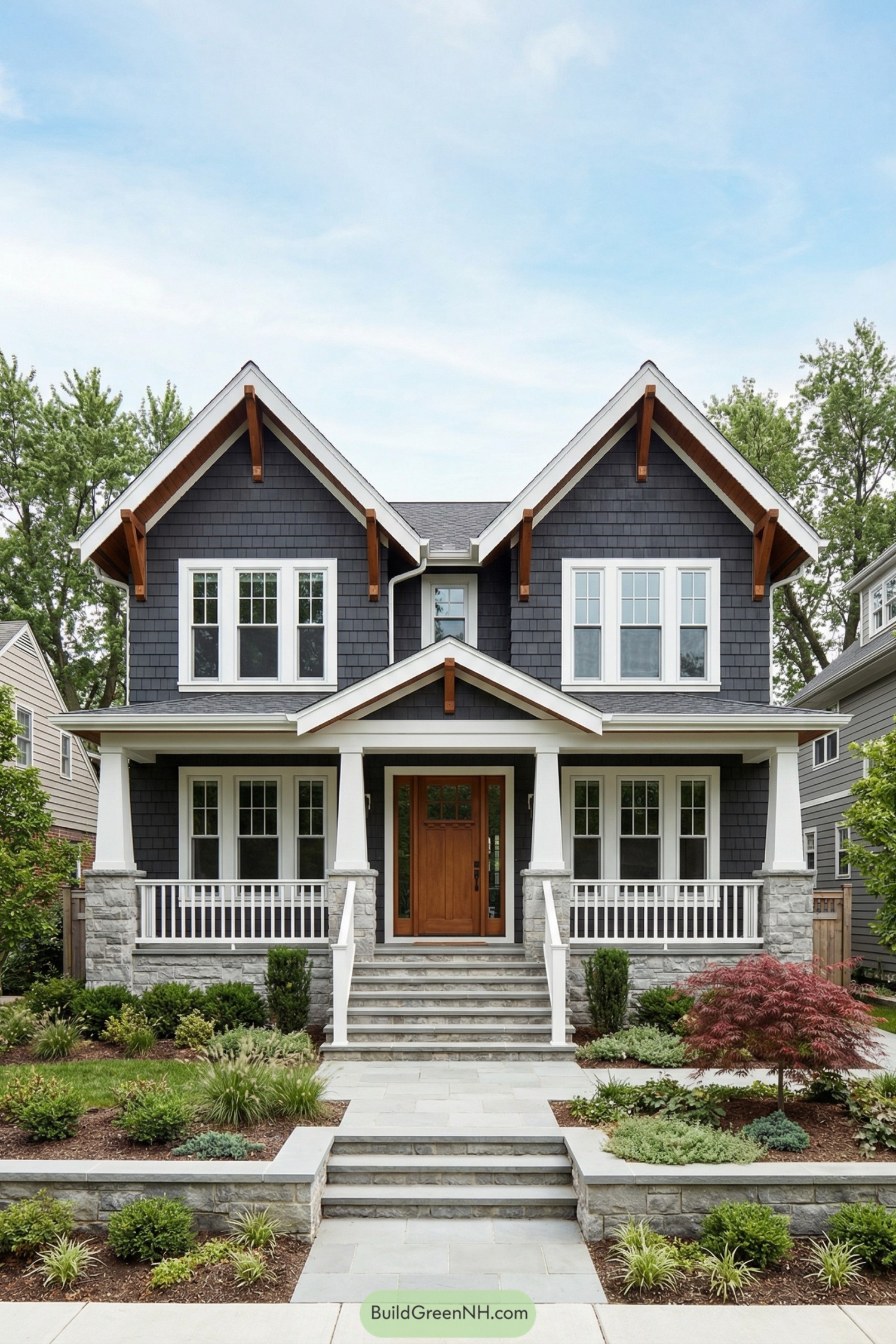 Two story dark gray craftsman cottage with white trim, front porch, and landscaped stone walkway