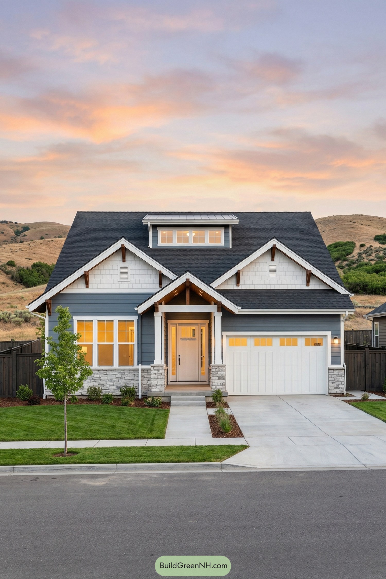 Blue and white craftsman cottage at dusk