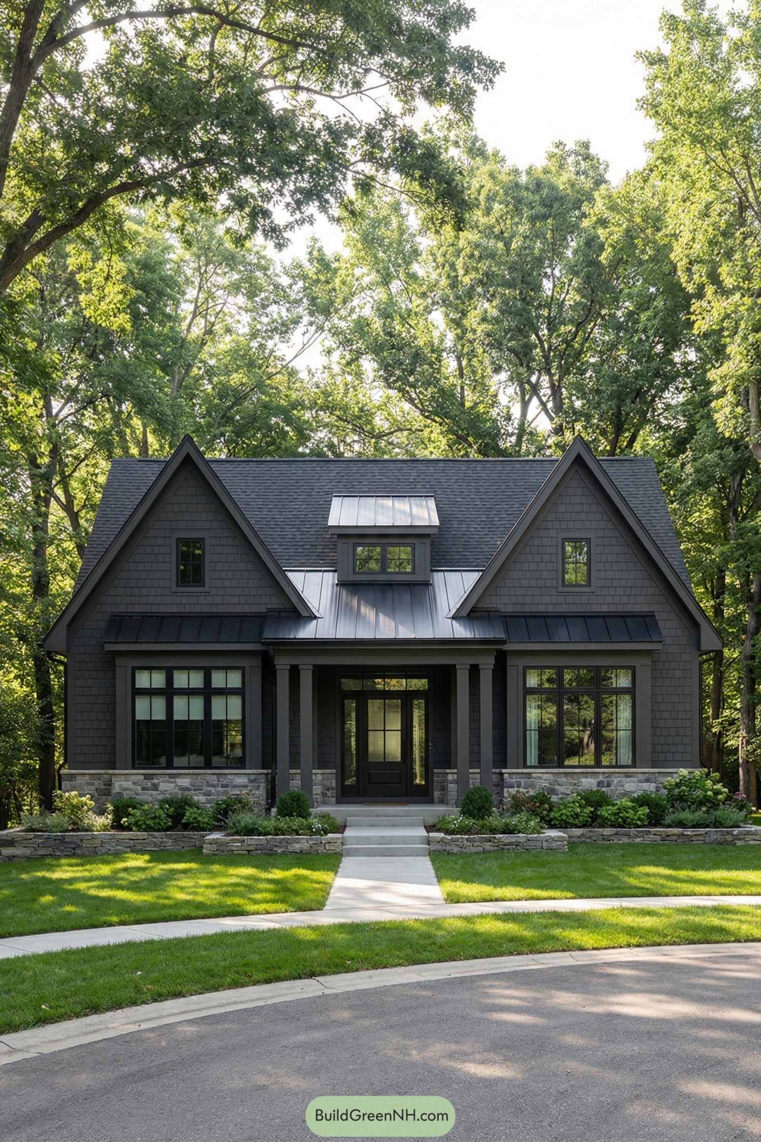 Dark craftsman cottage with gables and stone base