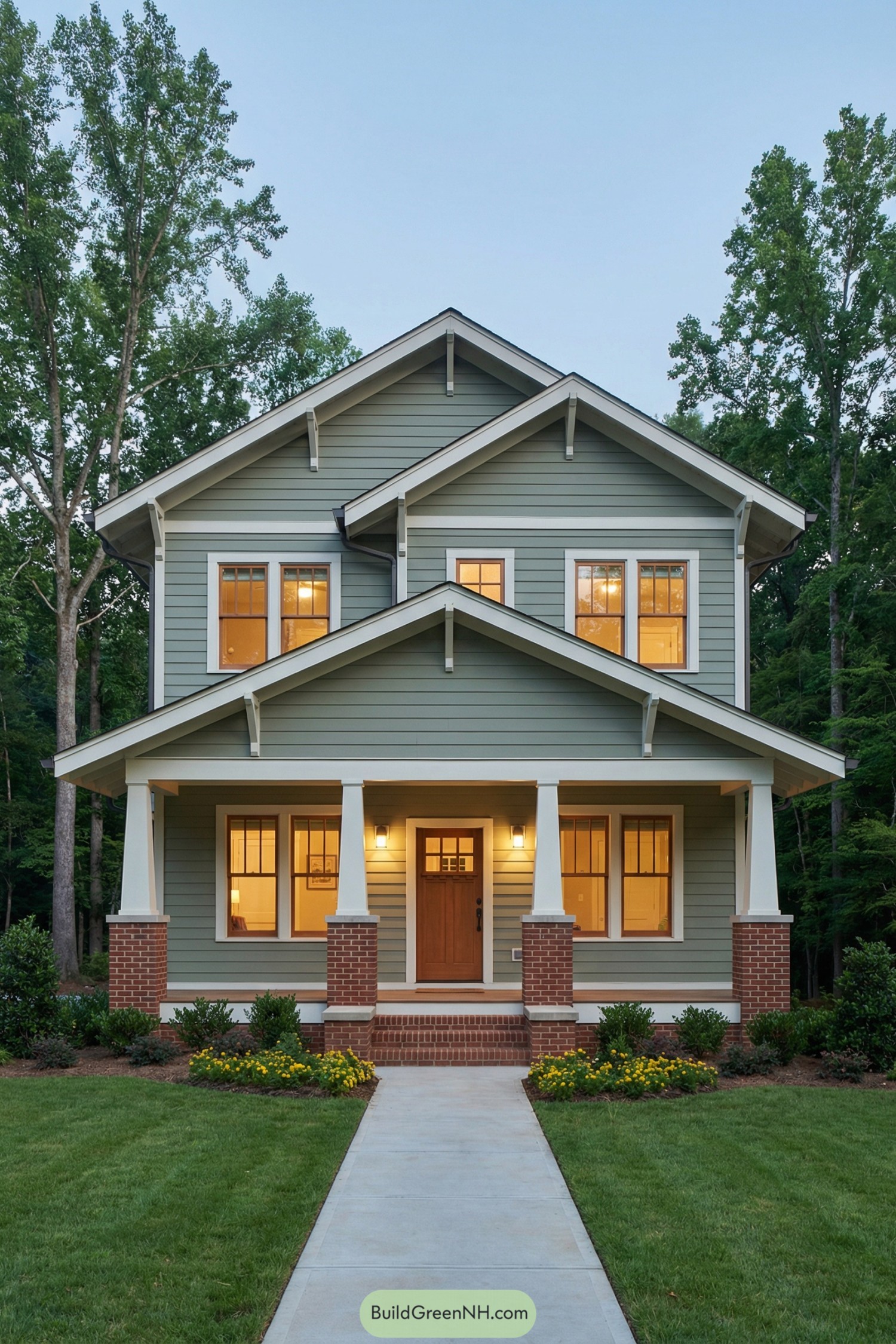 Two story green craftsman cottage with wide front porch brick column bases and symmetrical gabled rooflines. Concrete walk leads through simple landscaping to a wood front door with warm window lighting