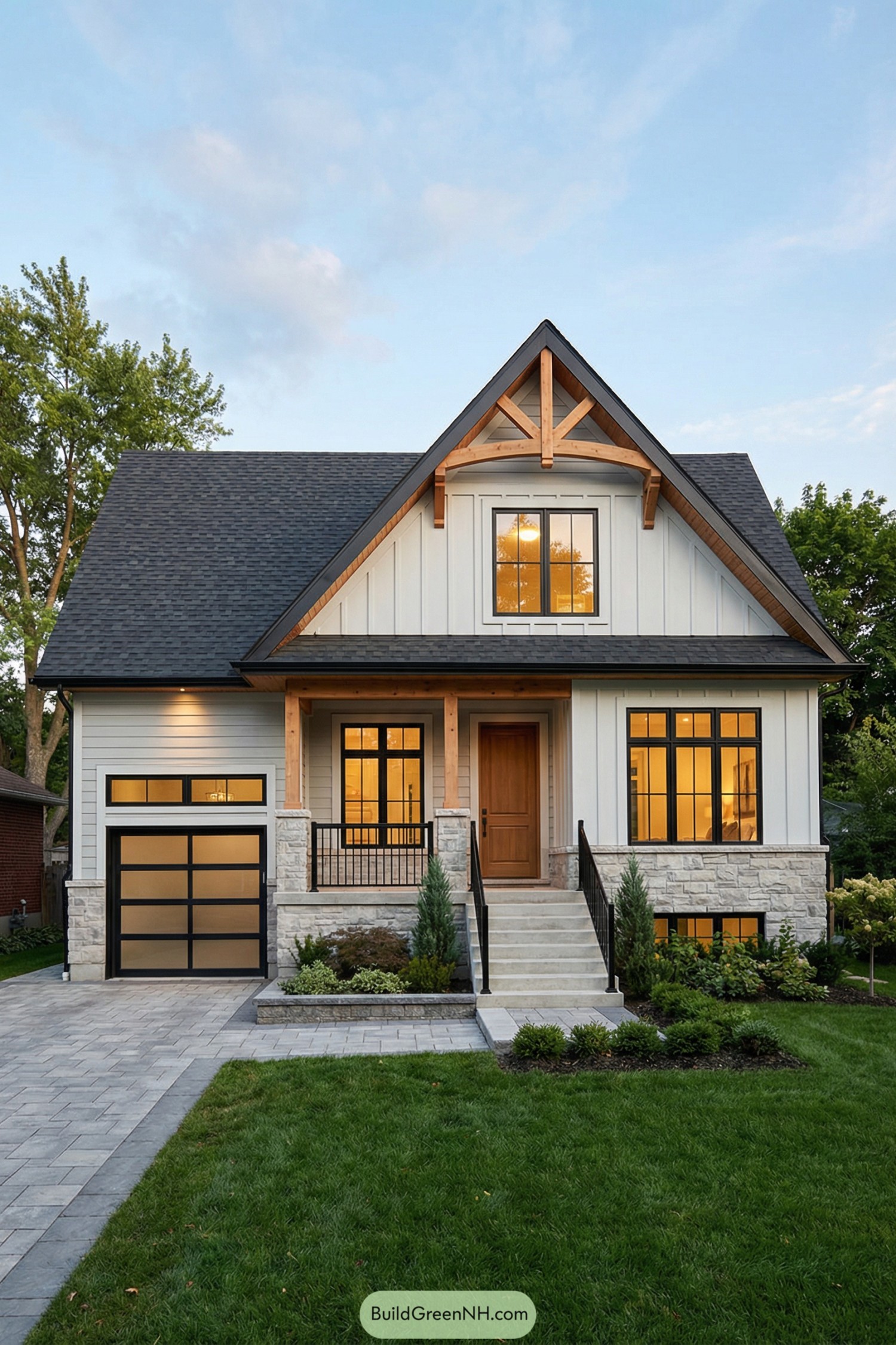 Modern craftsman cottage with gabled roof and warm wood accents