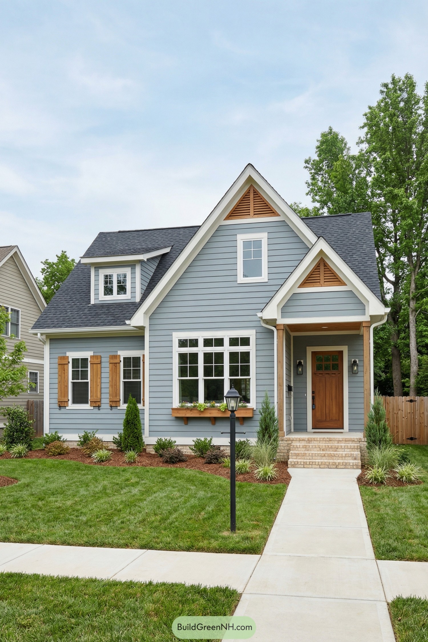Compact blue craftsman cottage with tall front gables, a wood front door, and tidy landscaping along a straight sidewalk