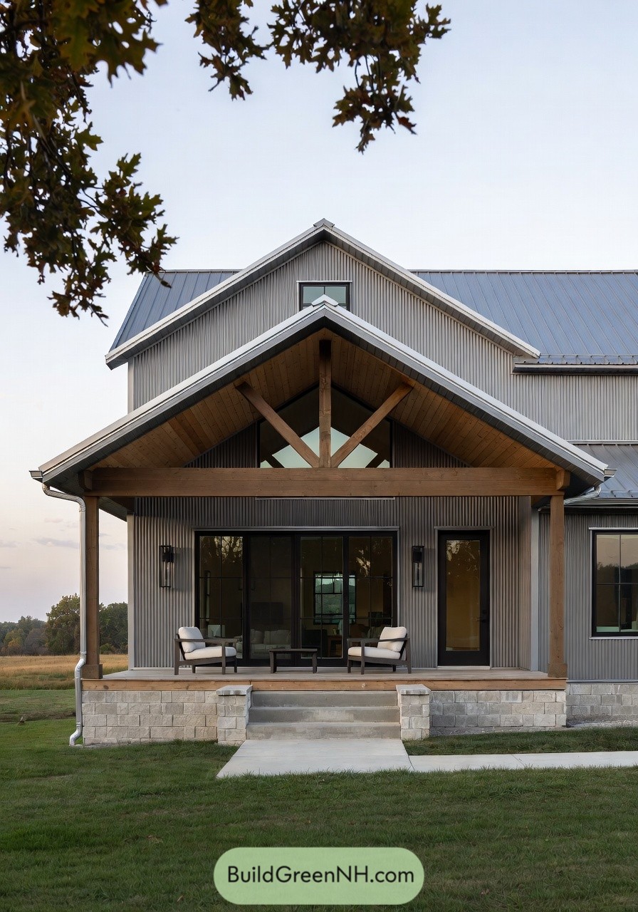 Modern shouse with gray metal siding, timber porch posts, and a covered front patio with two lounge chairs