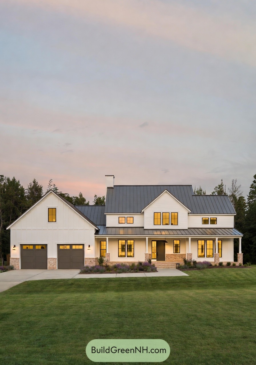 White modern farmhouse shouse with gray metal roof and double garage at dusk