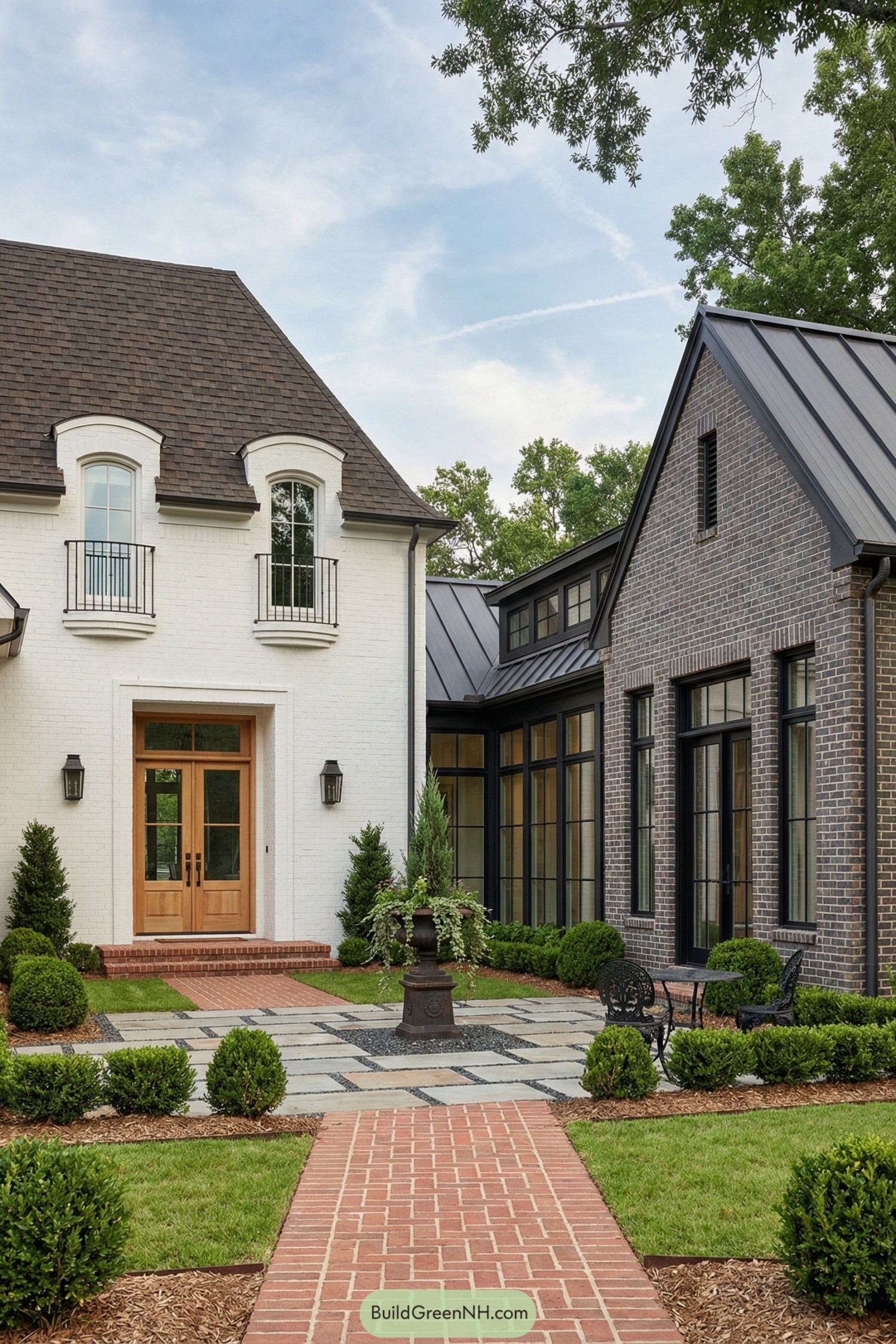 French country style home with white and gray brick wings framing a formal courtyard and central fountain