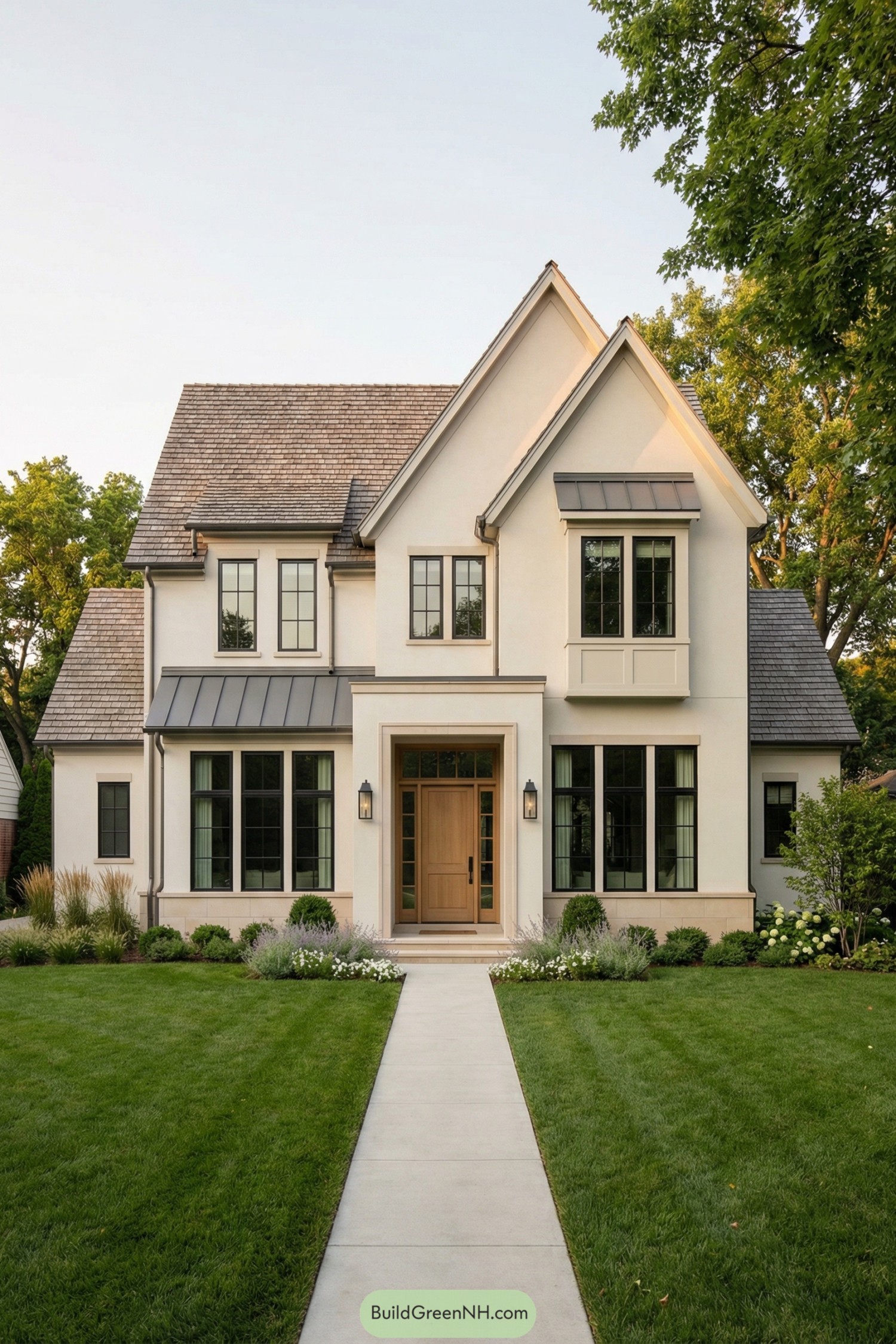 Cream colored French country house with steep gables, dark windows, and manicured front lawn