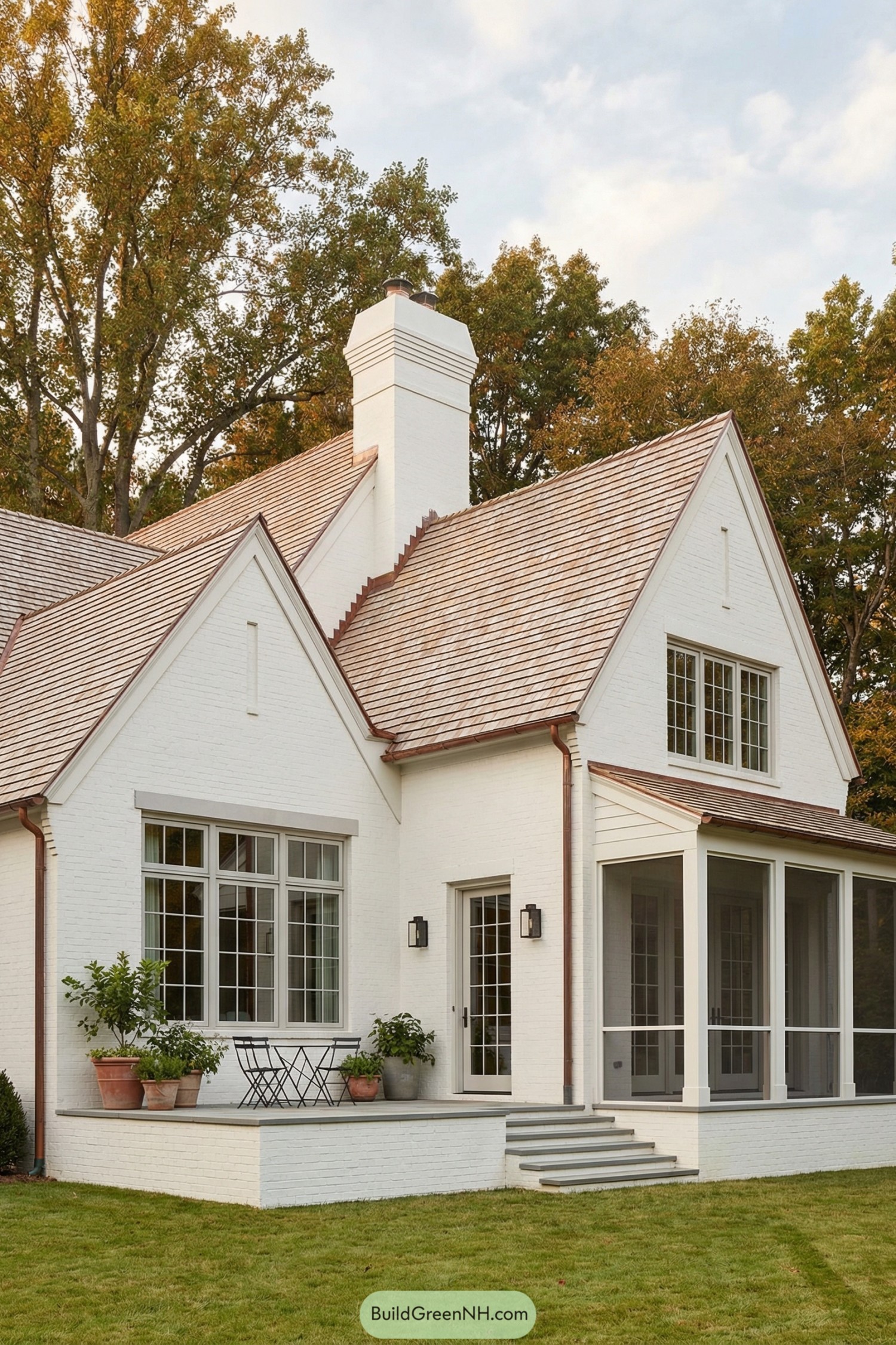 Warm white brick French country house with steep gable roofs, copper accents, and a screened porch facing the lawn