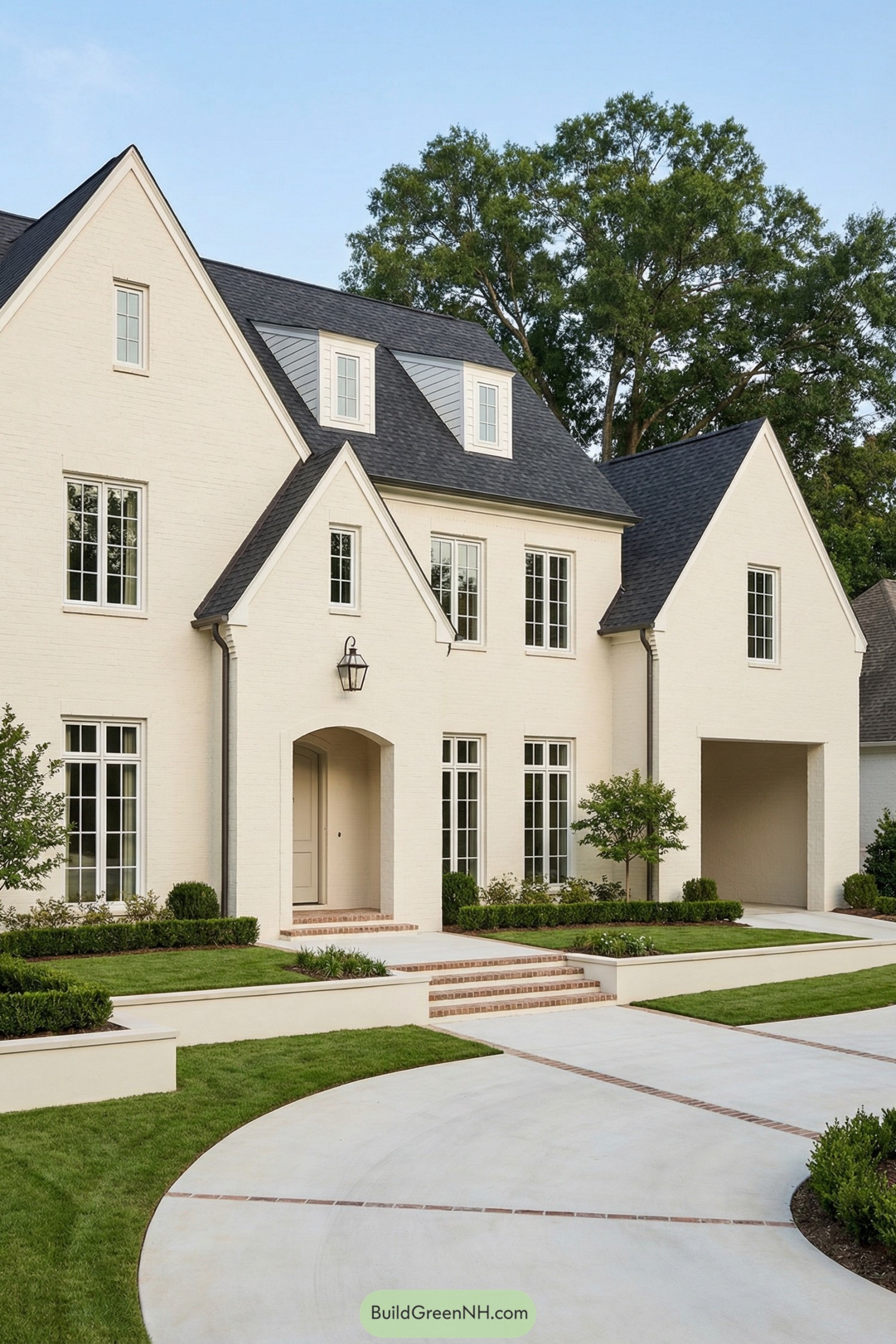Light brick French country home with steep gables and manicured front yard