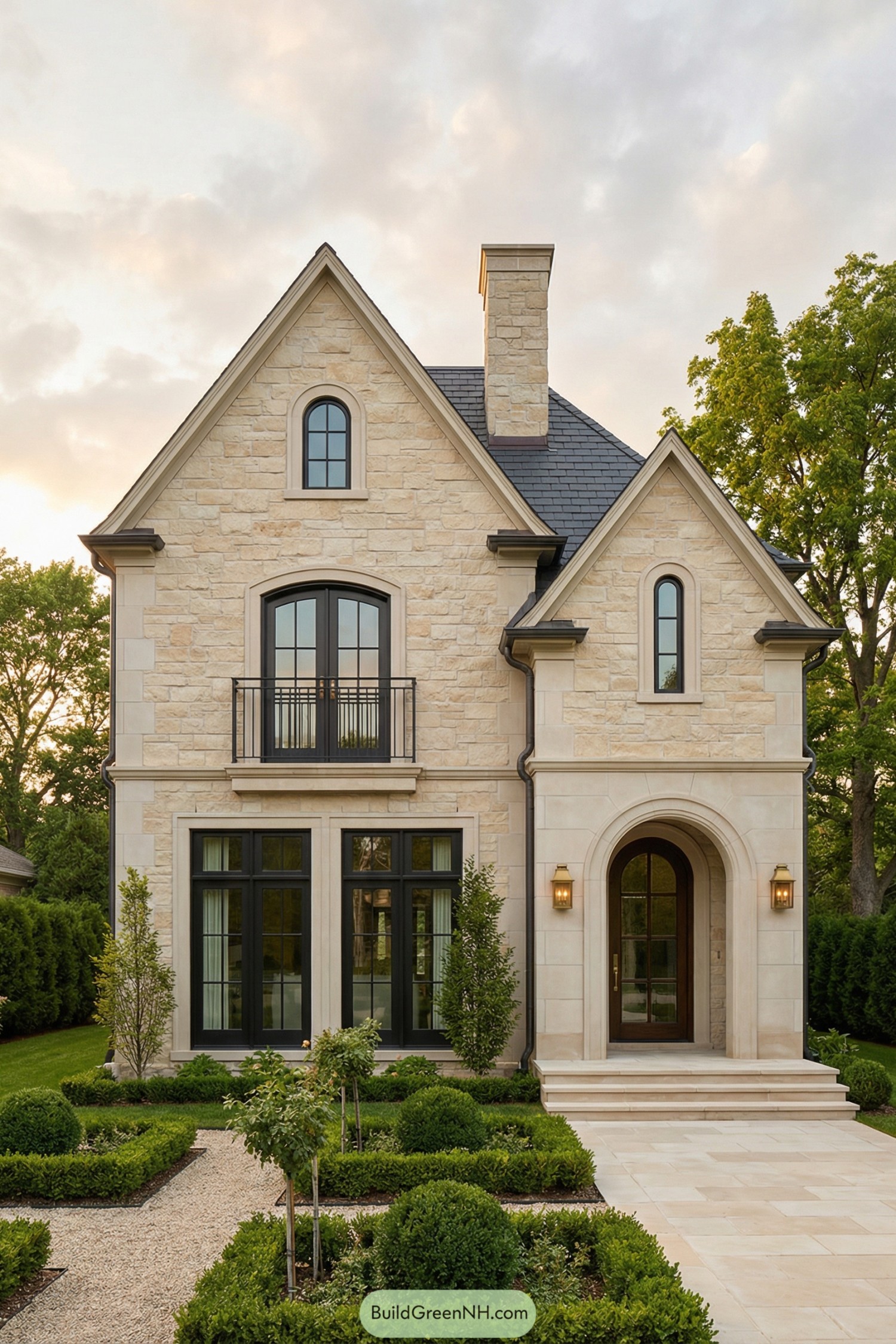 Elegant limestone French country style home with tall black windows and manicured front parterre garden