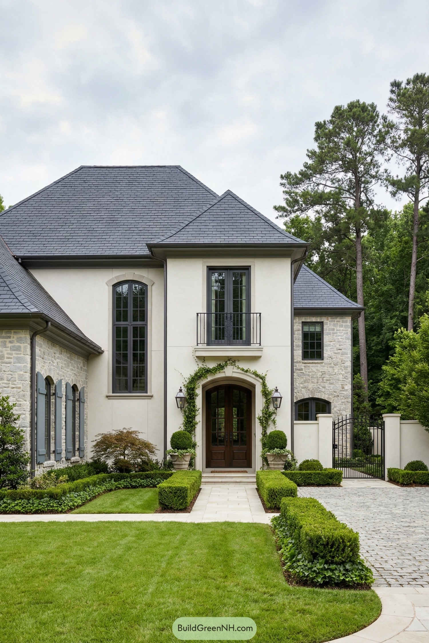 Elegant French country house with tall slate roof and manicured front garden