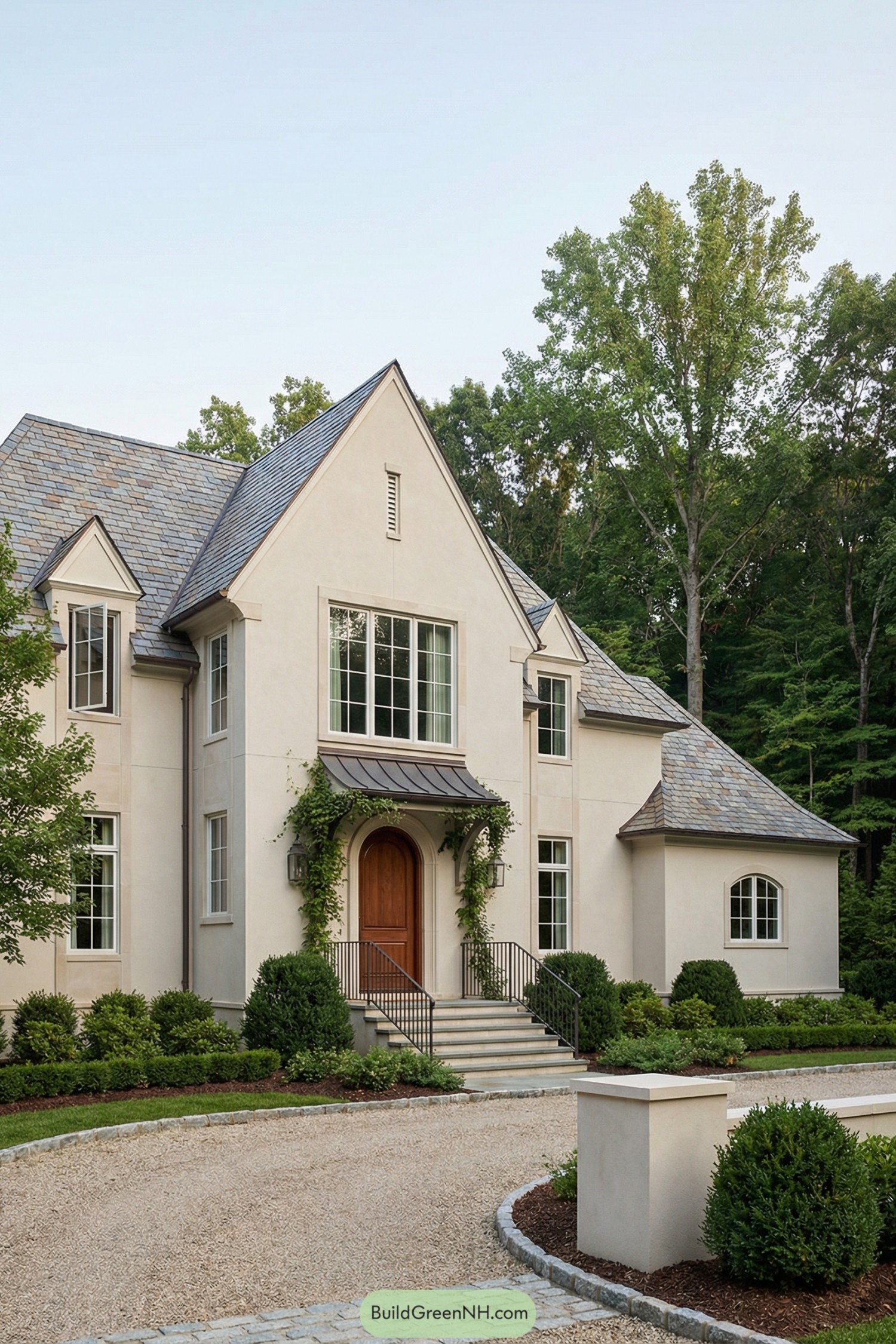 Creamy stucco French country house with tall gables, slate roof, and landscaped gravel drive