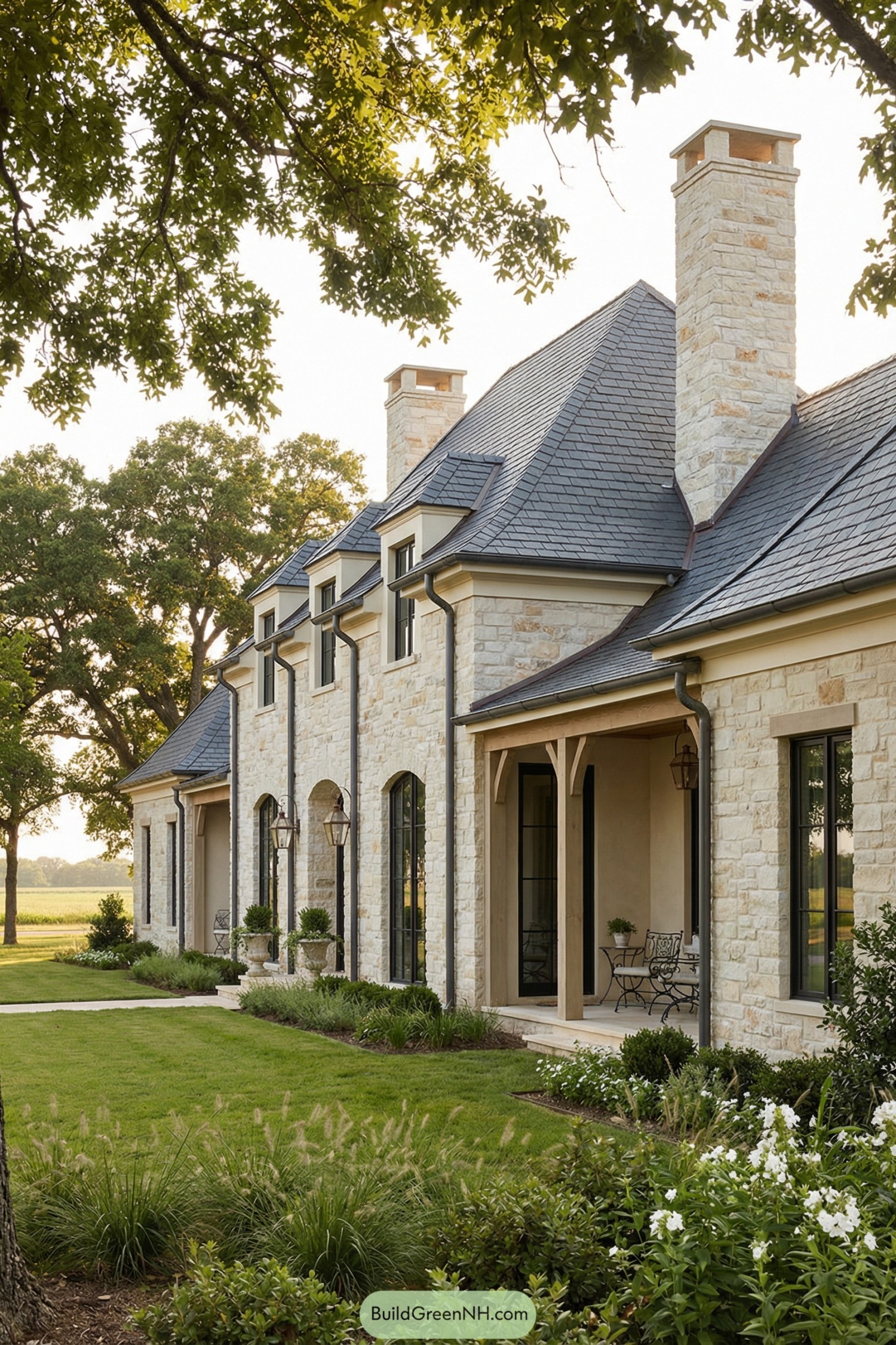 Light stone French country house with dark slate roof, tall chimneys, and manicured lawn
