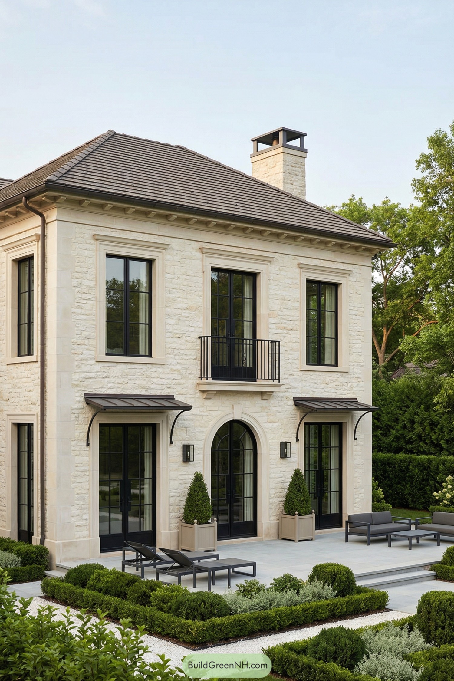 Creamy stone French country house with black windows and manicured courtyard patio