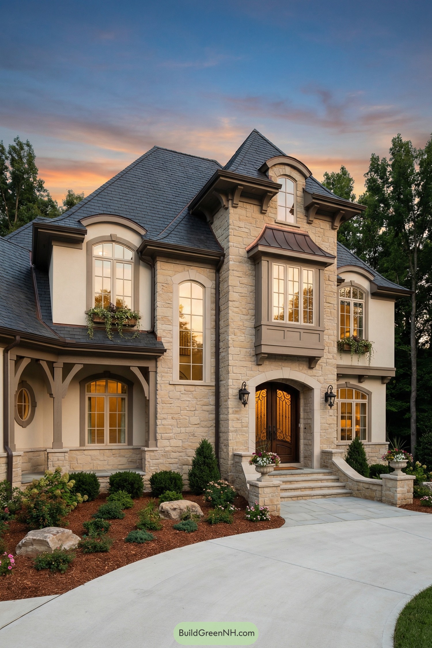 Stone French country house with arched windows