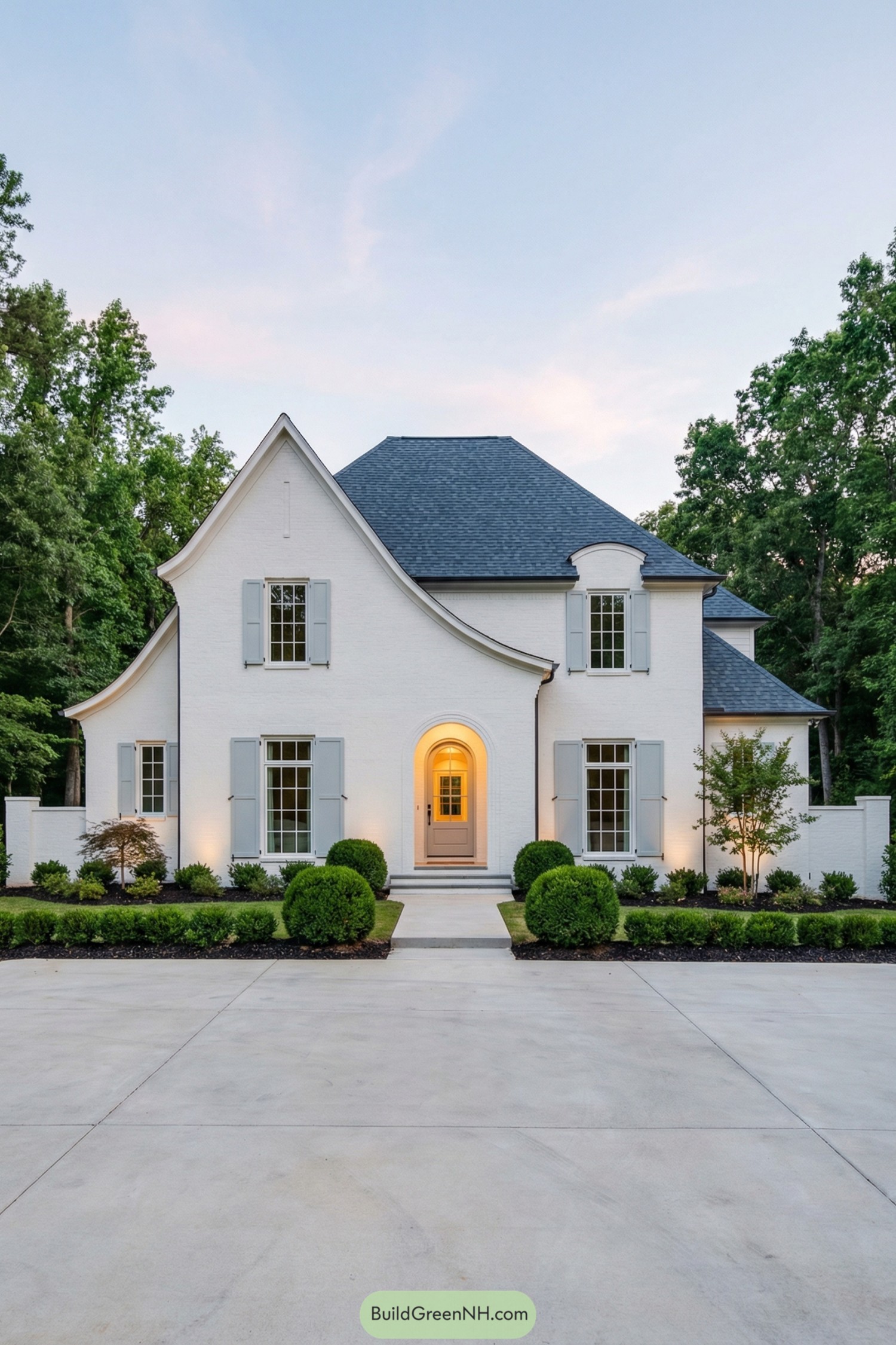White brick French country house with blue roof and pale shutters at sunset