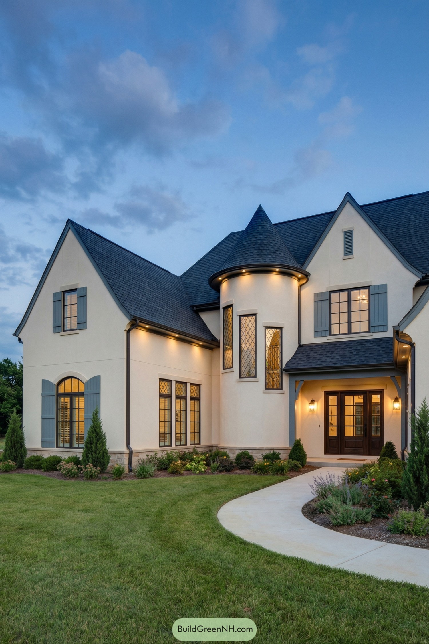 Cream stucco French country home with turret and blue shutters at dusk